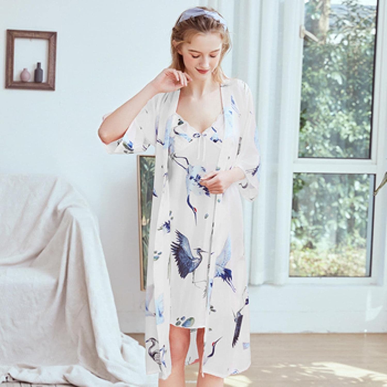 Faux Silk Women Robe Set Sexy Lace Printing Sleepwear Dress Female Pajamas L 04