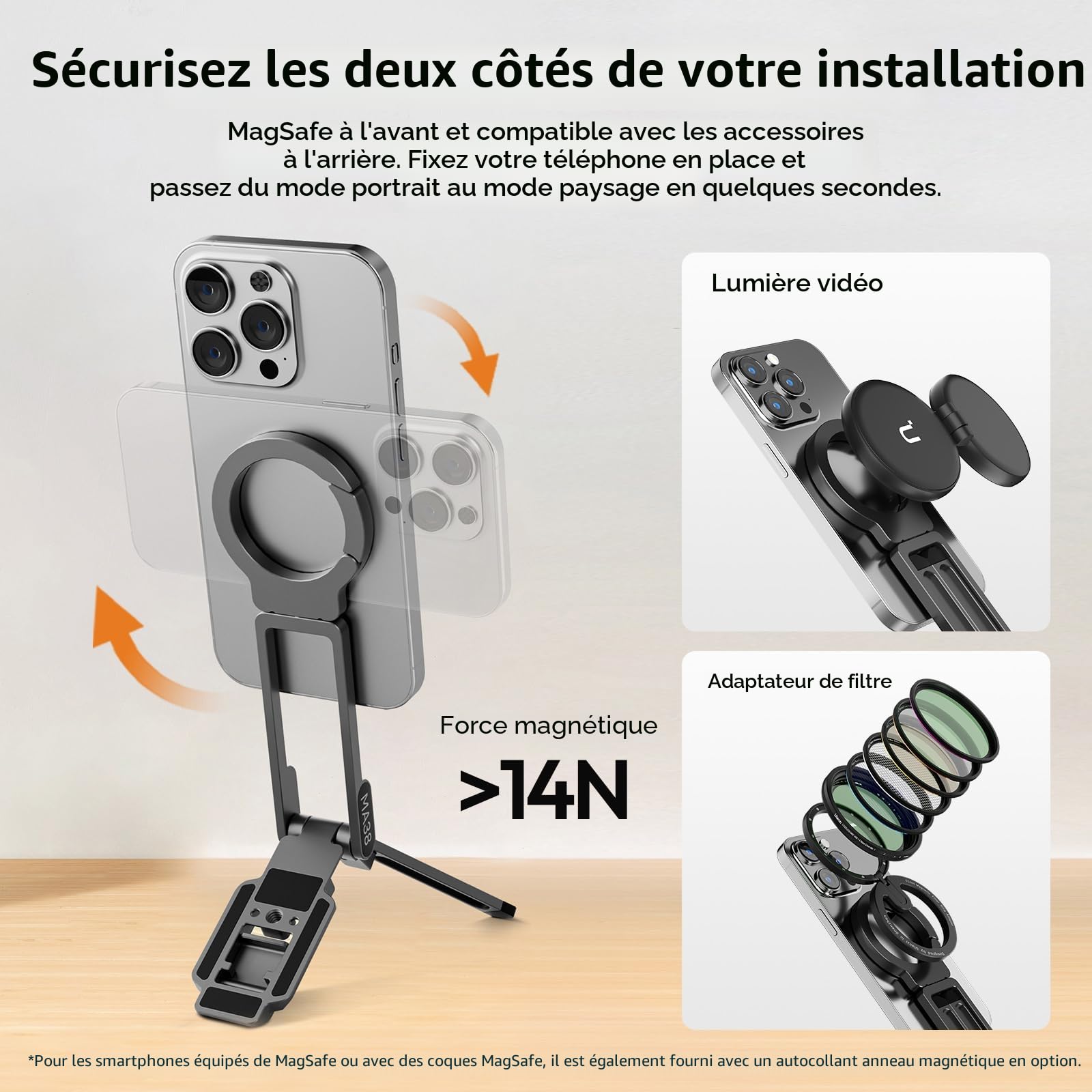 ULANZI MA38 Trépied Magnétique pour Téléphone Portable, Maglock Mousqueton Fixation Rapide, Aluminium Support Pliable, Mini Perche à Selfie Portable Compatible avec iPhone 17 16 15 14 13 12 Magsafe