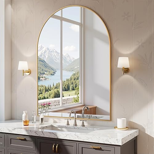 Miniatura 2 de Antok Espejo de baño de arco, espejos de pared de 20 x 28 pulgadas para baño, espejo de tocador negro con marco de metal para dormitorio, entrada,