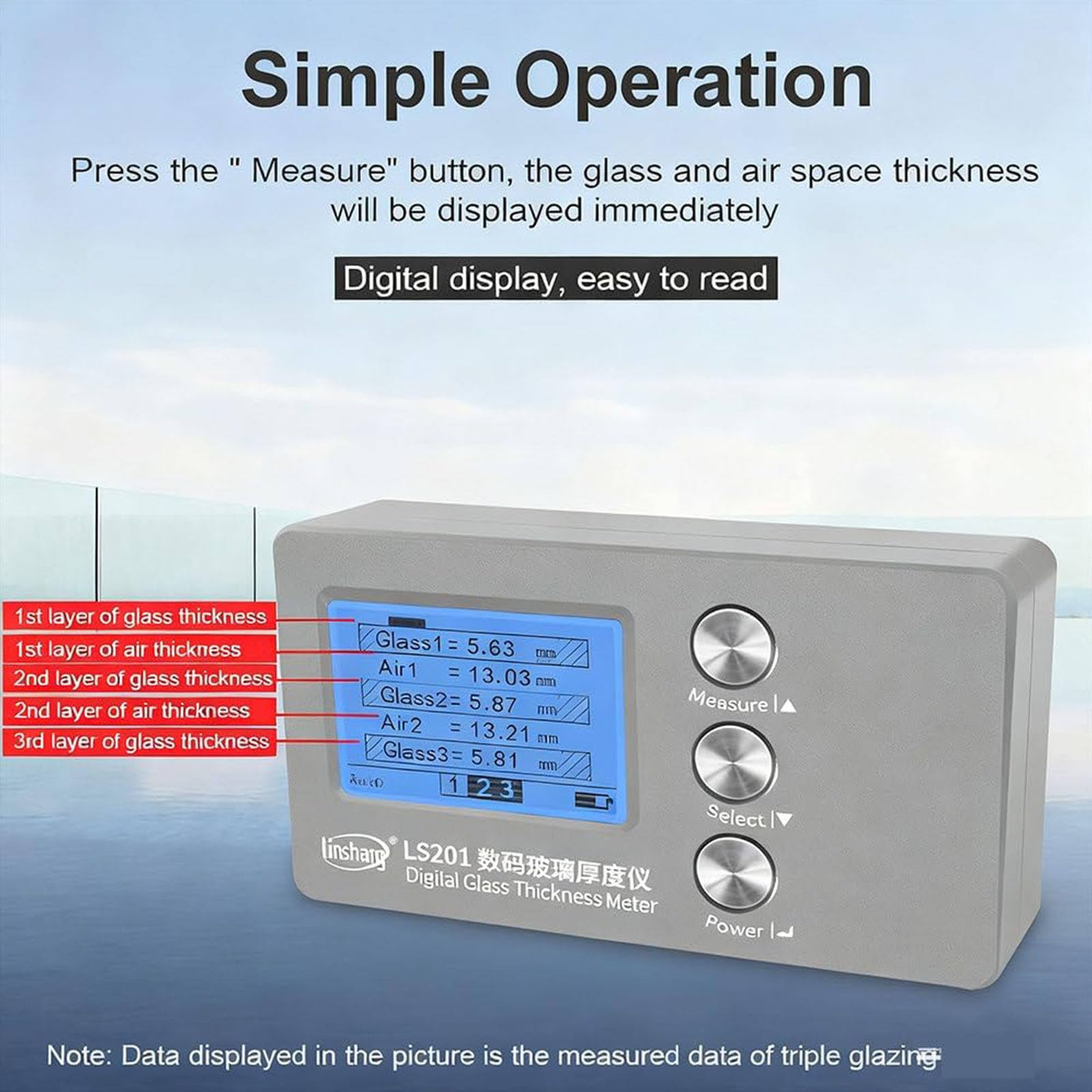 Misuratore Digitale di Spessore del Vetro Tester per Vetro Cavo a Doppio Strato, Misura Spessore Fino a 70 Mm, Intercalare Aria 45 Mm, Precisione ± 0,1 Mm, Ideale per Finestre Isolate