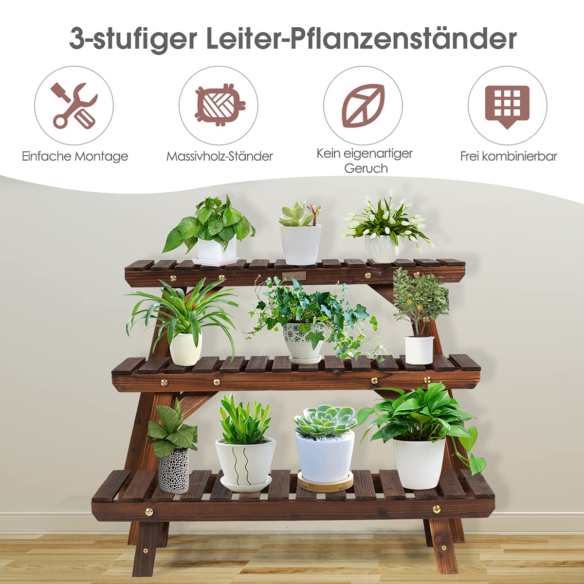 COSTWAY 3tlg. Blumenständer Holz, pflanzenständer Blumenregal, 14/34/53 cm hoch, Blumenbank freistehend, Blumentreppe Balkon Garten, Pflanzenregal Holzregal, Leiterregal Indoor Outdoor, Natur