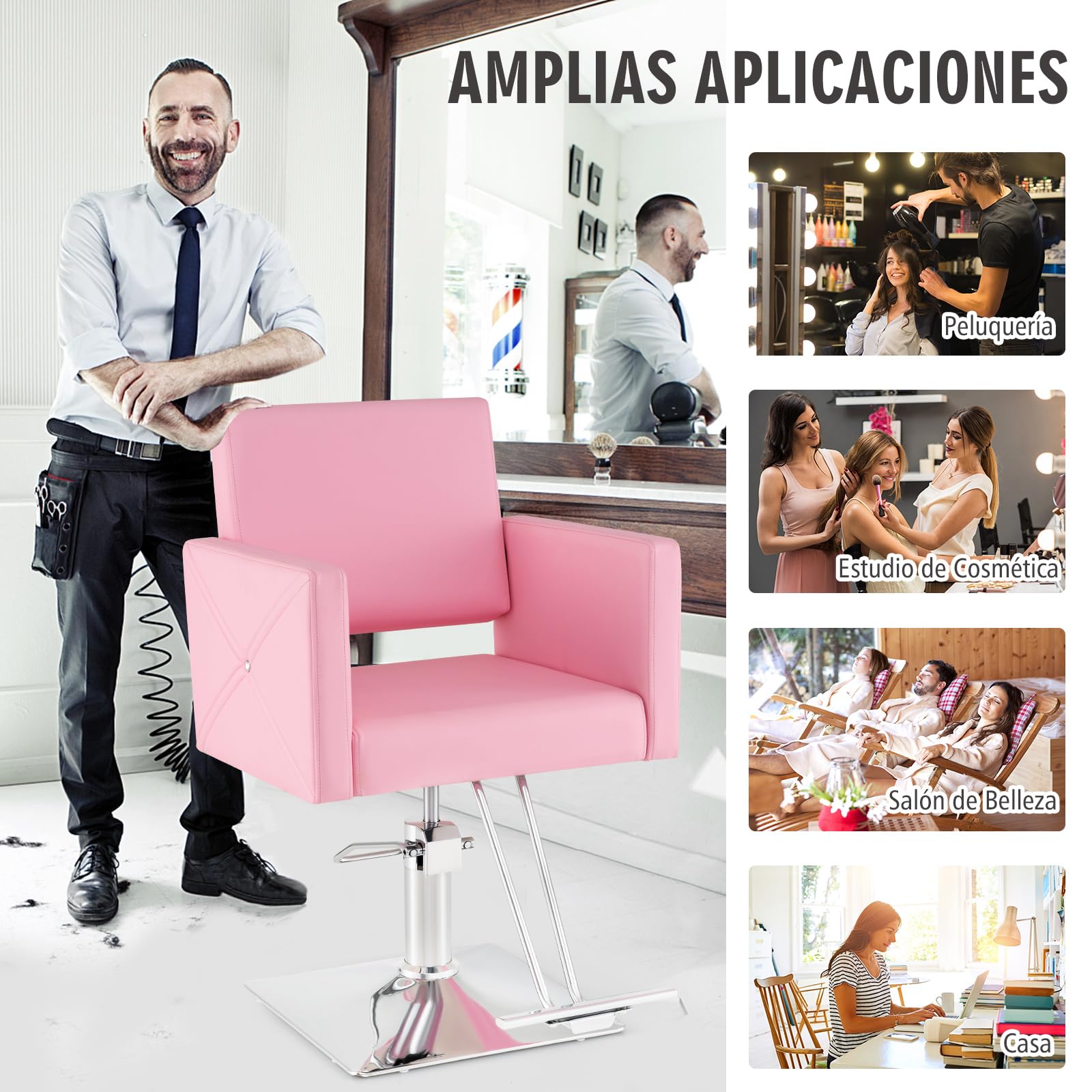 COSTWAY Silla de Peluquería con Bomba Hidráulica, Silla de Peluquería con Giro de 360°y Base Galvanizado, Altura Ajustable de 15 cm,Capacidad 150 kg, Silla de Salón Belleza para SPA, Barbería (Rosa)