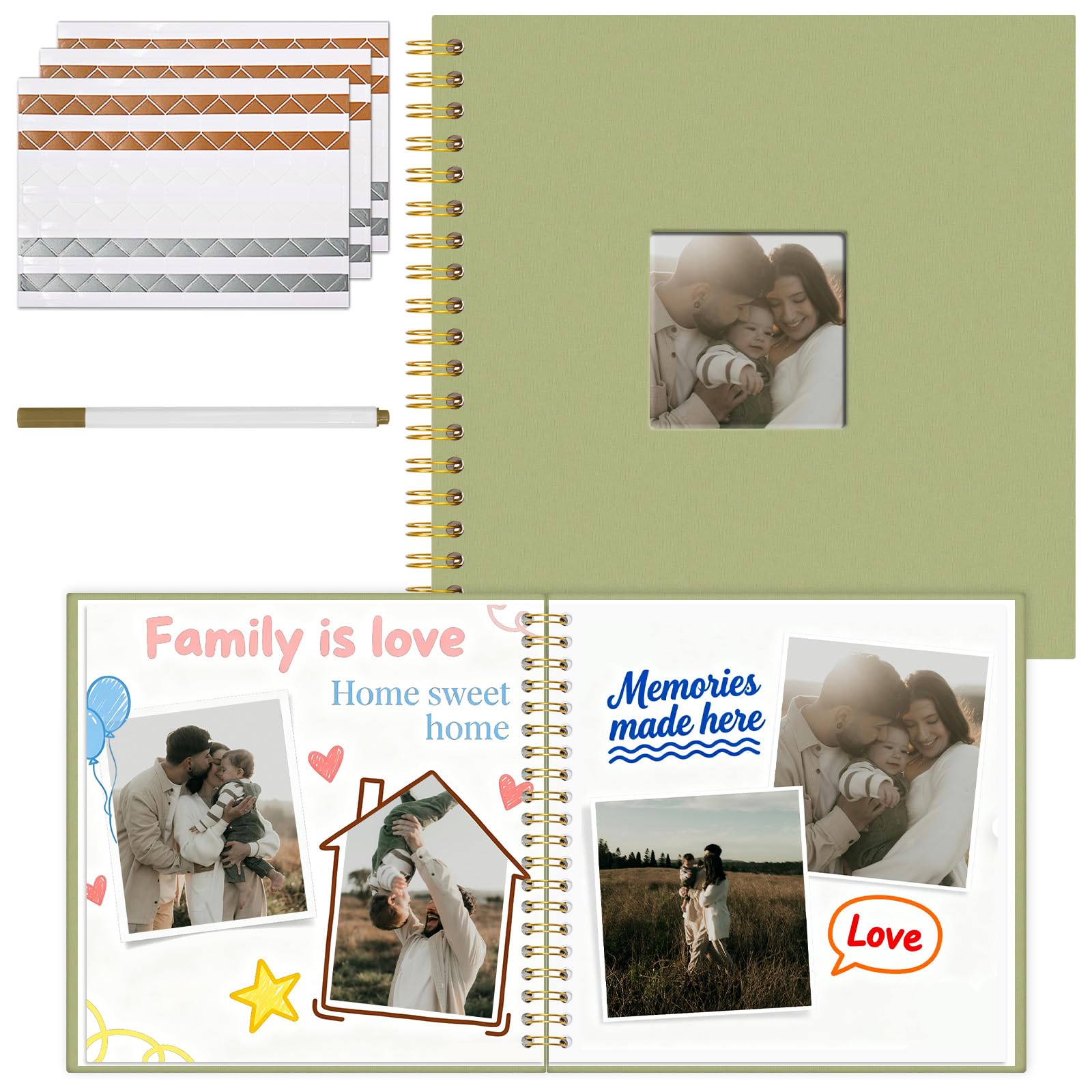 Vienrose Scrapbook Photo Album 25.5x25.5 cm, Silk Fabric Cover with 20 Sheets 40 White Pages, DIY Memory Book Corner Stickers and Pen for Wedding, Baby Shower, Travel, Valentine's Day (Light Green)