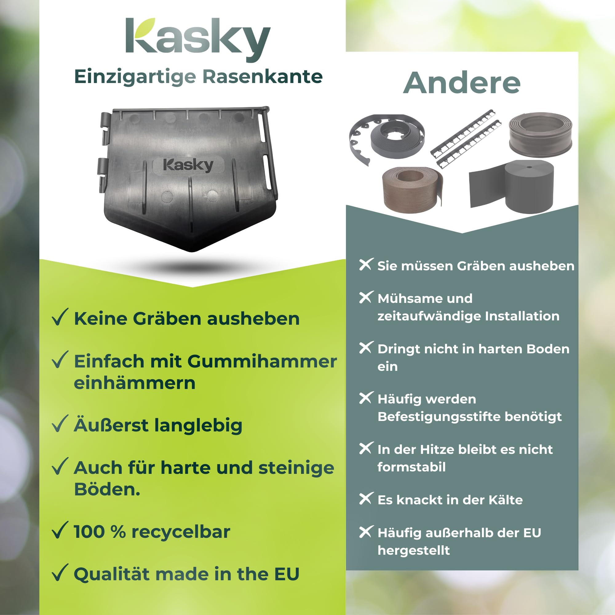 Leicht zu verarbeitende Rasenkante Kunststoff - Einfach einschlagen, Keine Gräben ausheben - Sehr Stabile & Flexible Beeteinfassung - Unsichtbare Beetumrandung aus recyceltem Plastik - 5,35 m