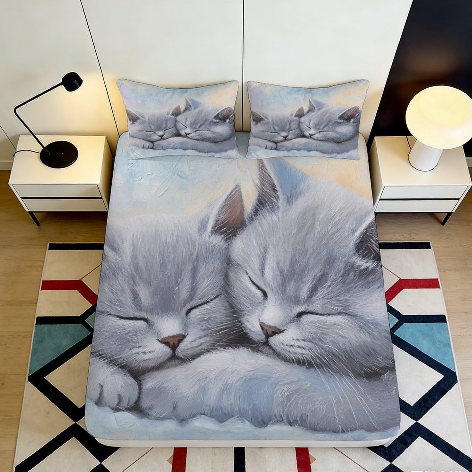 Pnayamiorkfel Style-1 3D Printed Sleeping Kittens Fitted Sheet Microfiber Soft Breathable Cat Art Mattress Cover For Bedroom Decor 90X200x25cm