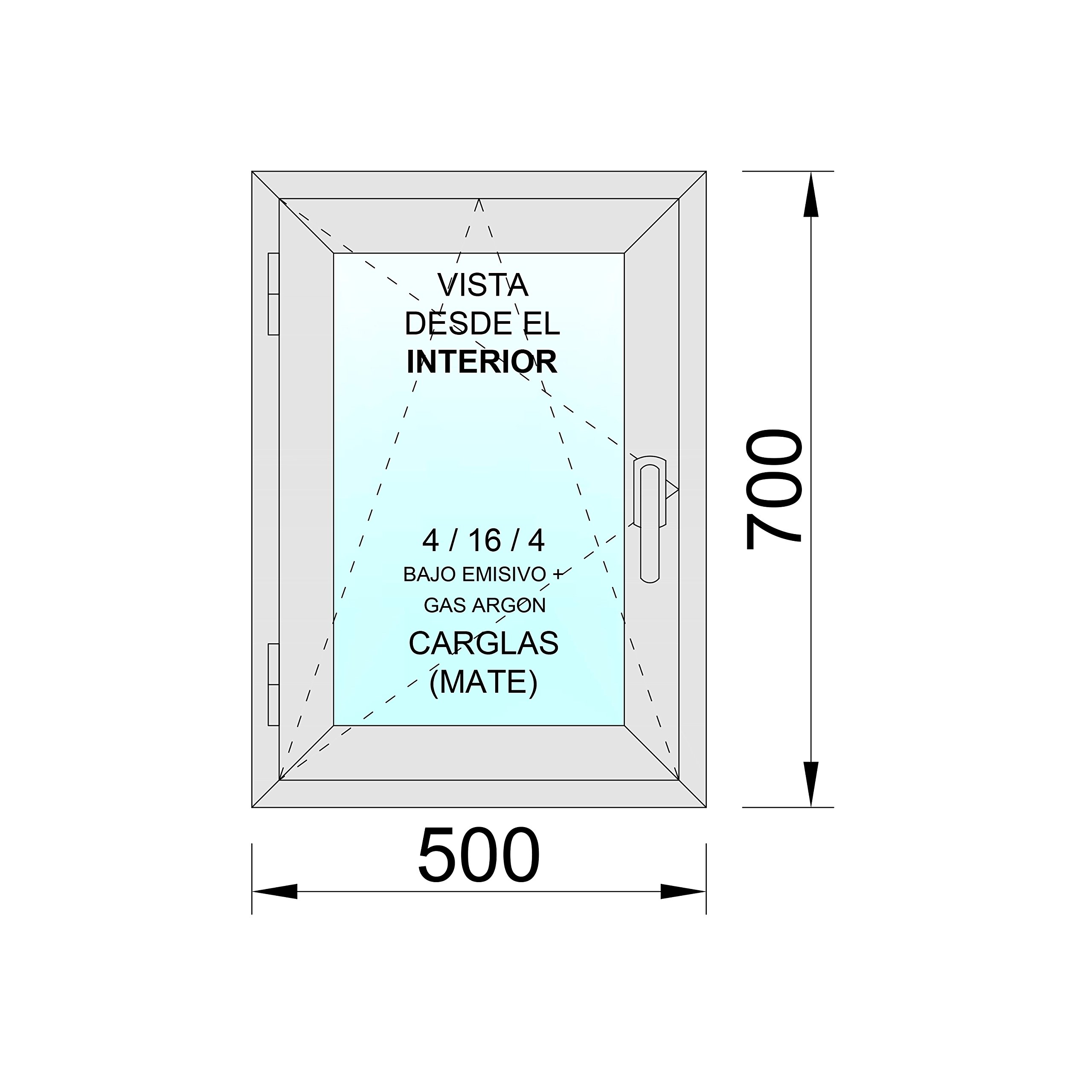 Ventanastock PVC 500x700 Practicable Oscilobatiente Izquierda 1 hoja con vidrio Carglass (Climalit Mate)