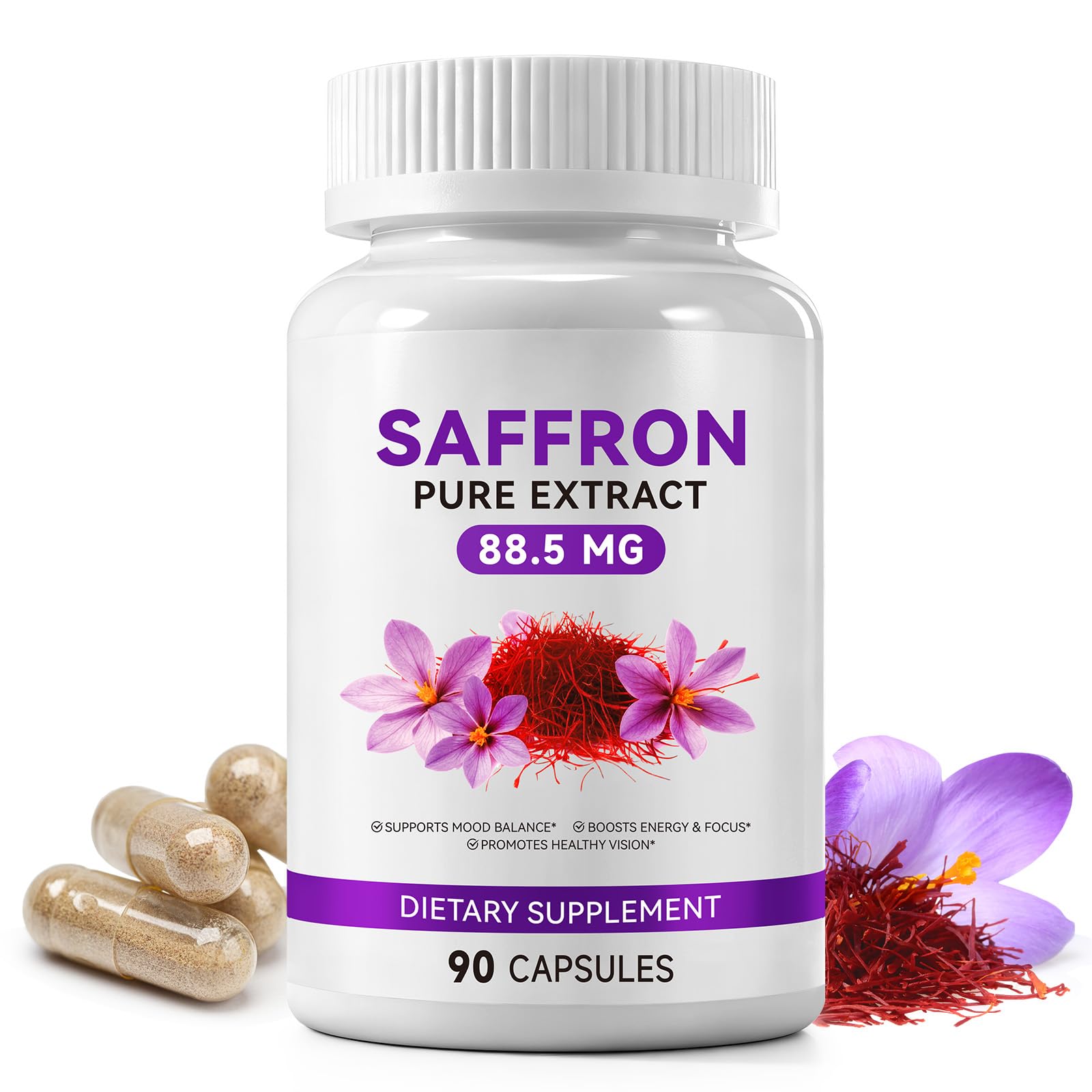 Daiasns Saffron Supplements - 100% Organic Saffron Extract 88.5mg per Serving with Crocins, Safranal & Safromotivines - Supports Mood, Energy, Vision & Focus, for Men & Women, 90 Vegan Caps