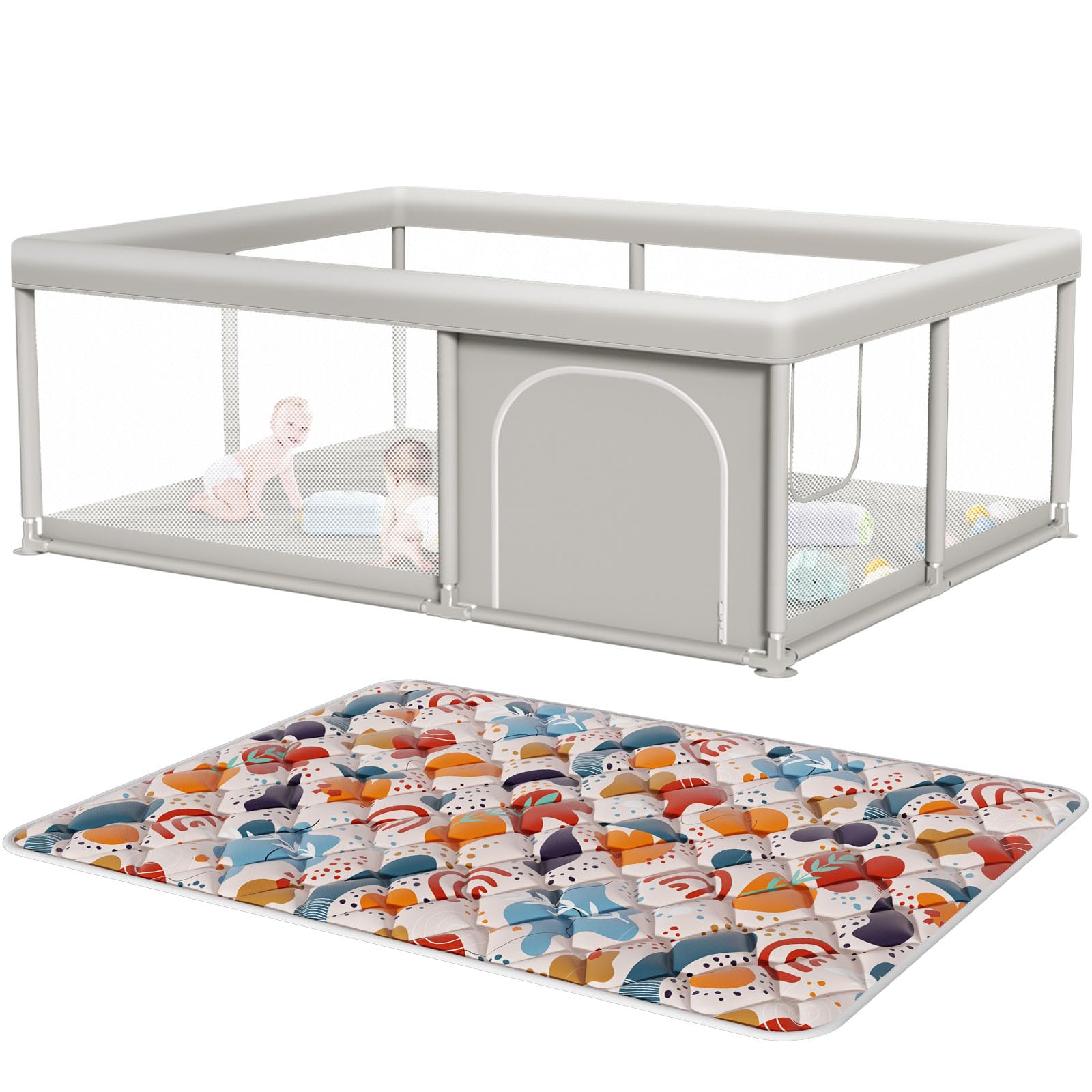65 x 50 Inch Baby Playpen with Mat, PlayPen for Babies and Toddlers, Sturdy Safety Play Yard for Indoor & Outdoor with Zipper Gates