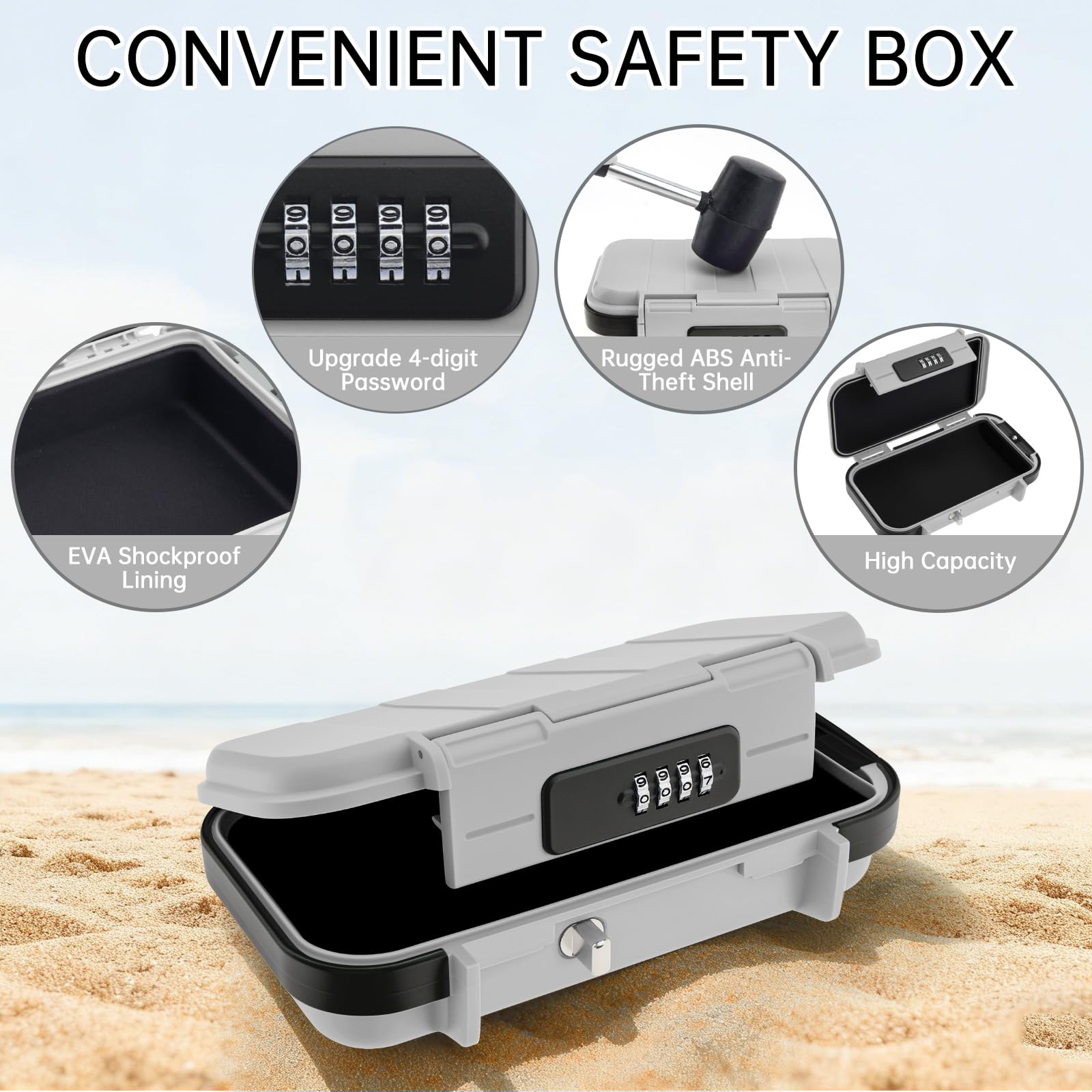 Coffre-fort portable, boîte de sécurité à combinaison avec code, étanche, antivol avec chaîne amovible pour la plage, le dortoir, le rangement d'objets personnels (gris)