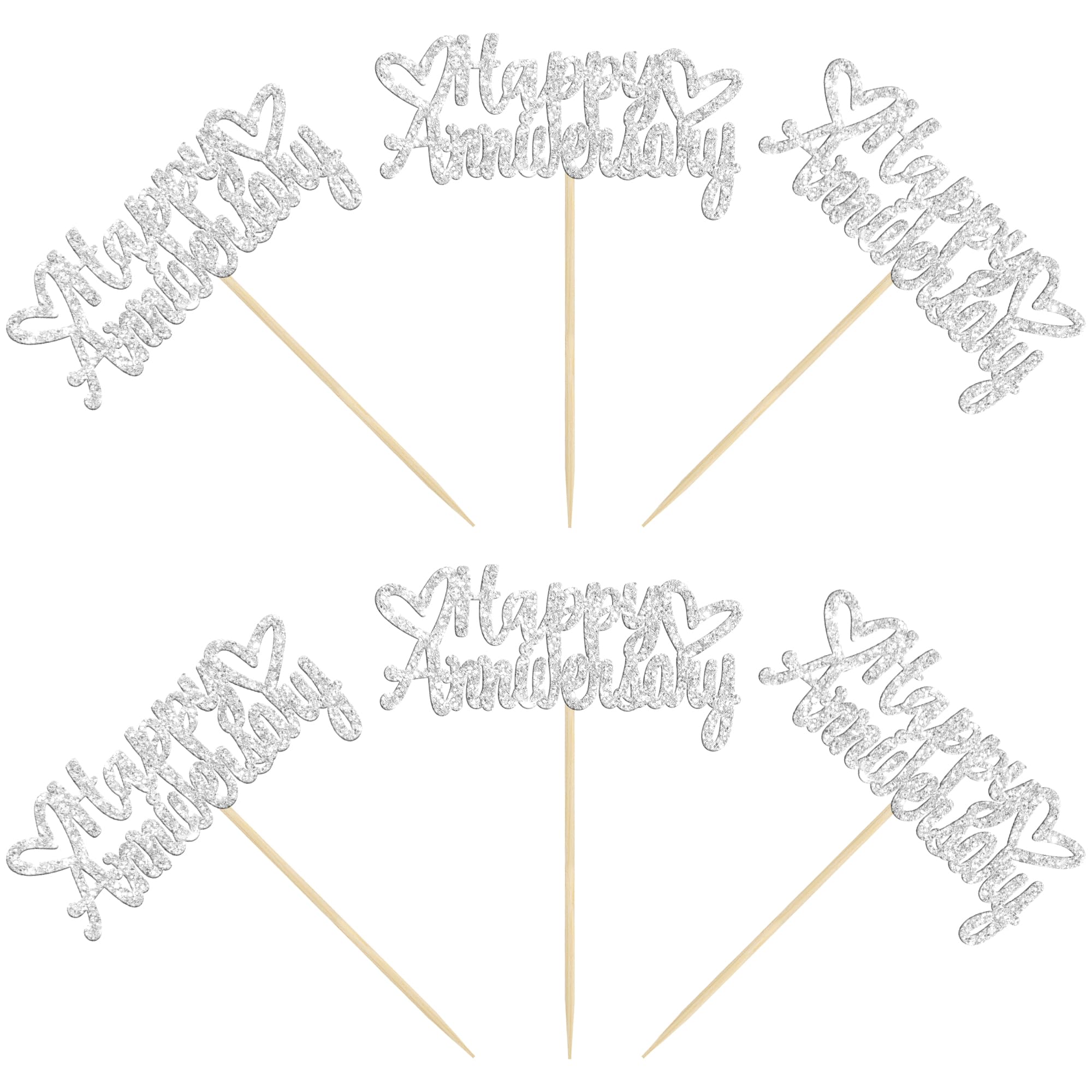 Gyufise 24Pcs Glitter Happy Anniversary Cupcake Toppers Anniversary Party Supplies Cake Decoration Wedding Celebration Party Decoration Supplies Silver