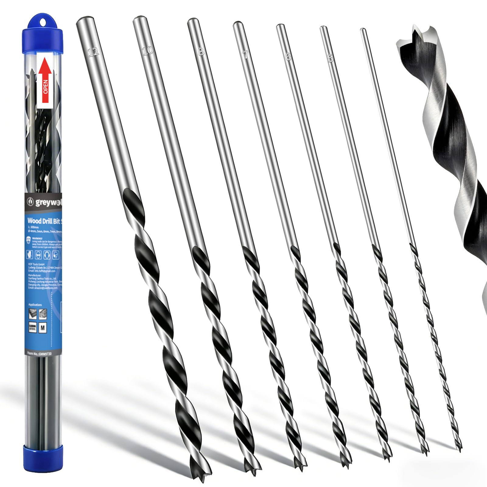 Set di 7 punte lunghe per trapano per legno, posizione centrale estesa, 300 mm, adatte per vari legni tra cui legno duro, compensato e plastica (metriche 4/5/6/7/8/10/12 mm)