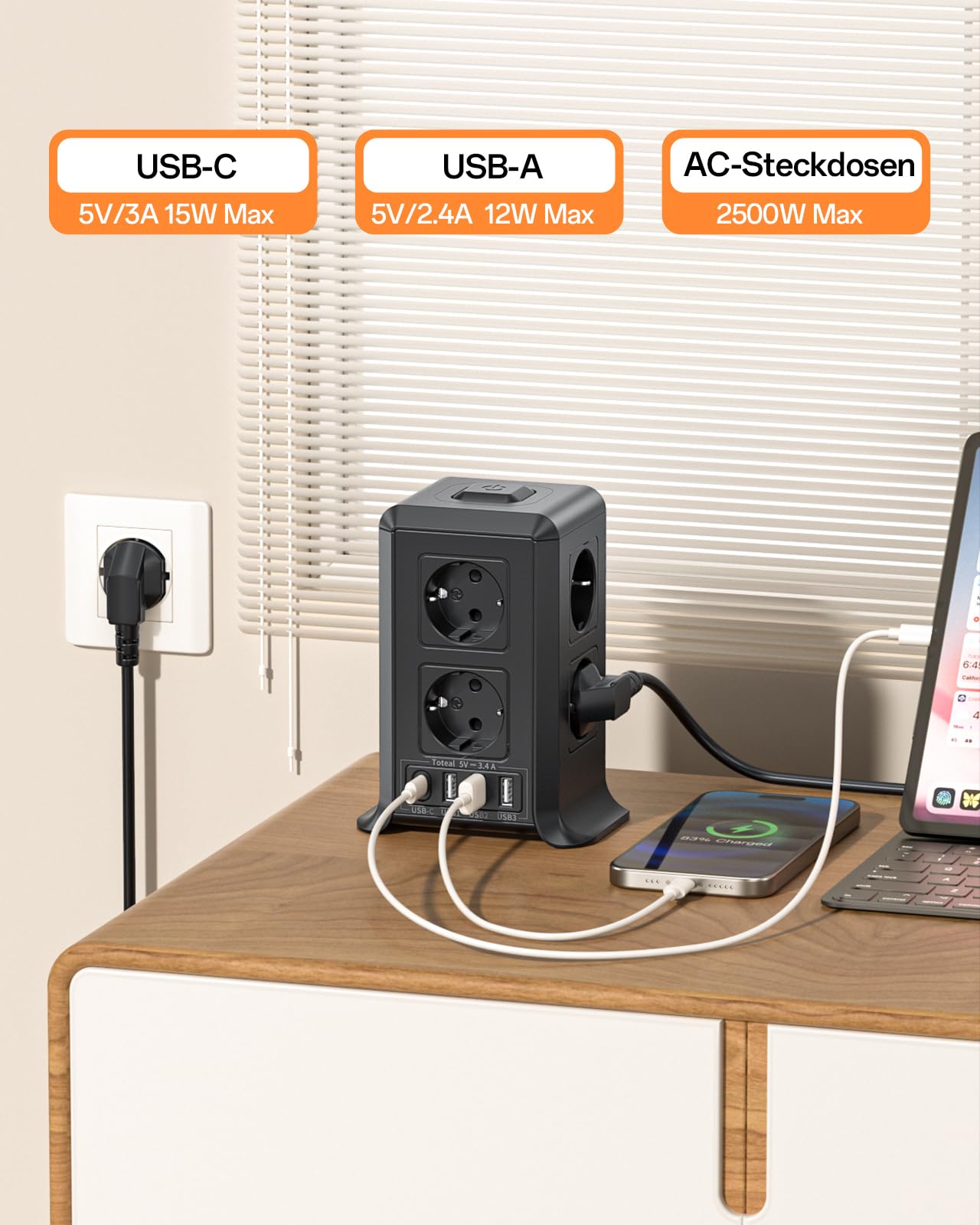 Multiprise avec Interrupteur, Multiprise Parafoudre et Surtension with 8 Sortie AC and 4 USB Ports, pour Le Bureau, Salon, Chambre à Coucher