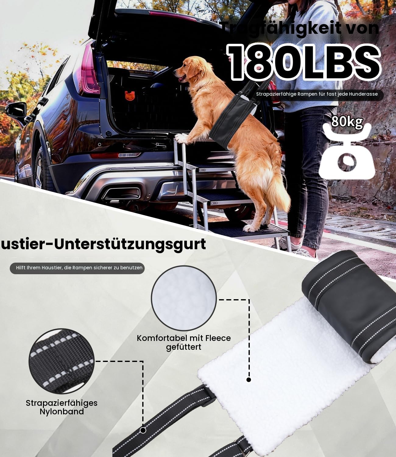 Hundetreppe Auto, Hunderampe Auto klappbar, Haustiertreppe mit Hundeliftgeschirr, 5 Stufen Hundetreppe Große Hunde bis 80kg, Rampe Hunde Treppe für die Für Kleine, Mittlere, Große