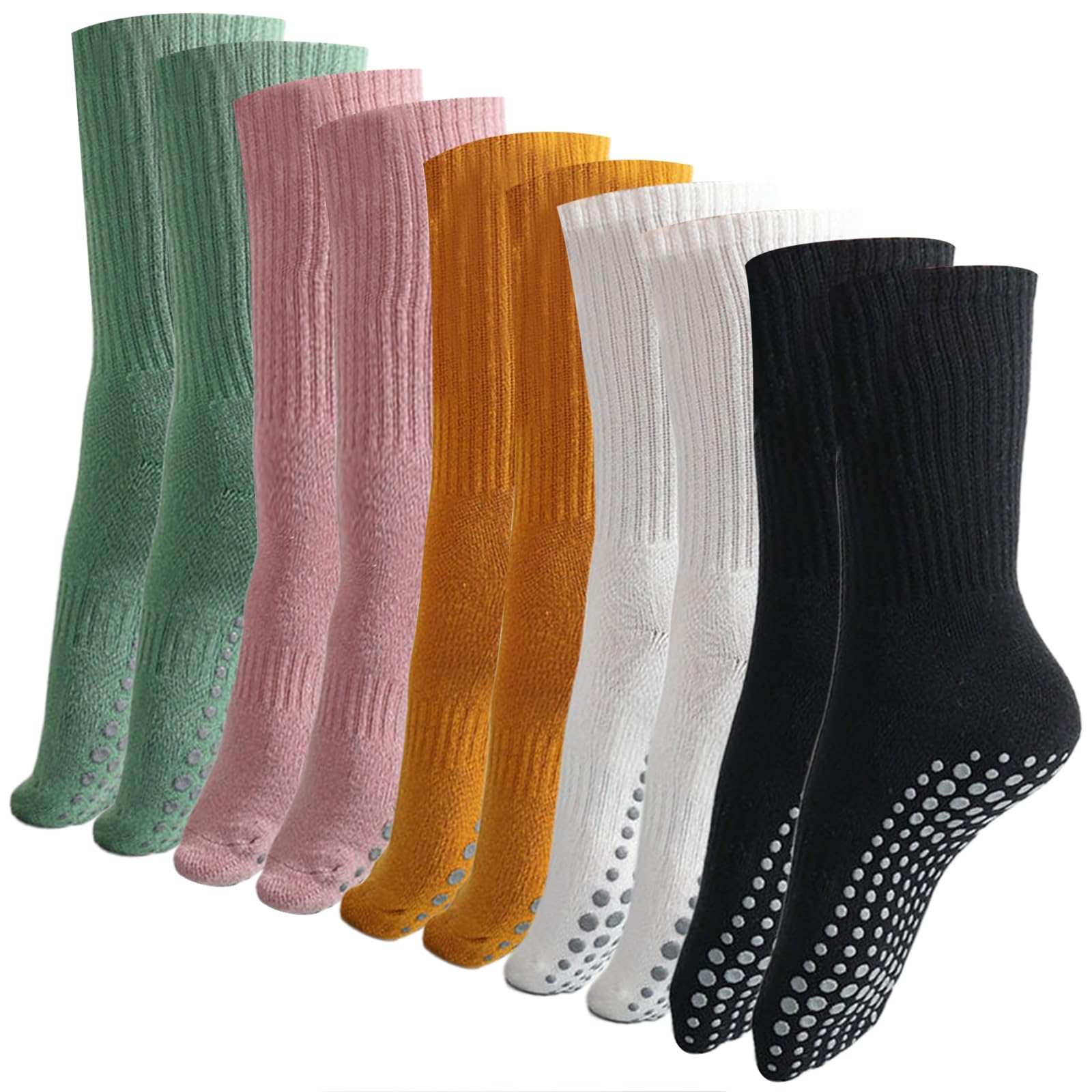 Dress Cici Grip Socks for Women, Non Slip Yoga Pilates Slipper Socks, Quarter Anklet Barre Sock (5 Pack) One Size Black+Green+Ginger Yellow+Cameo Brown+White