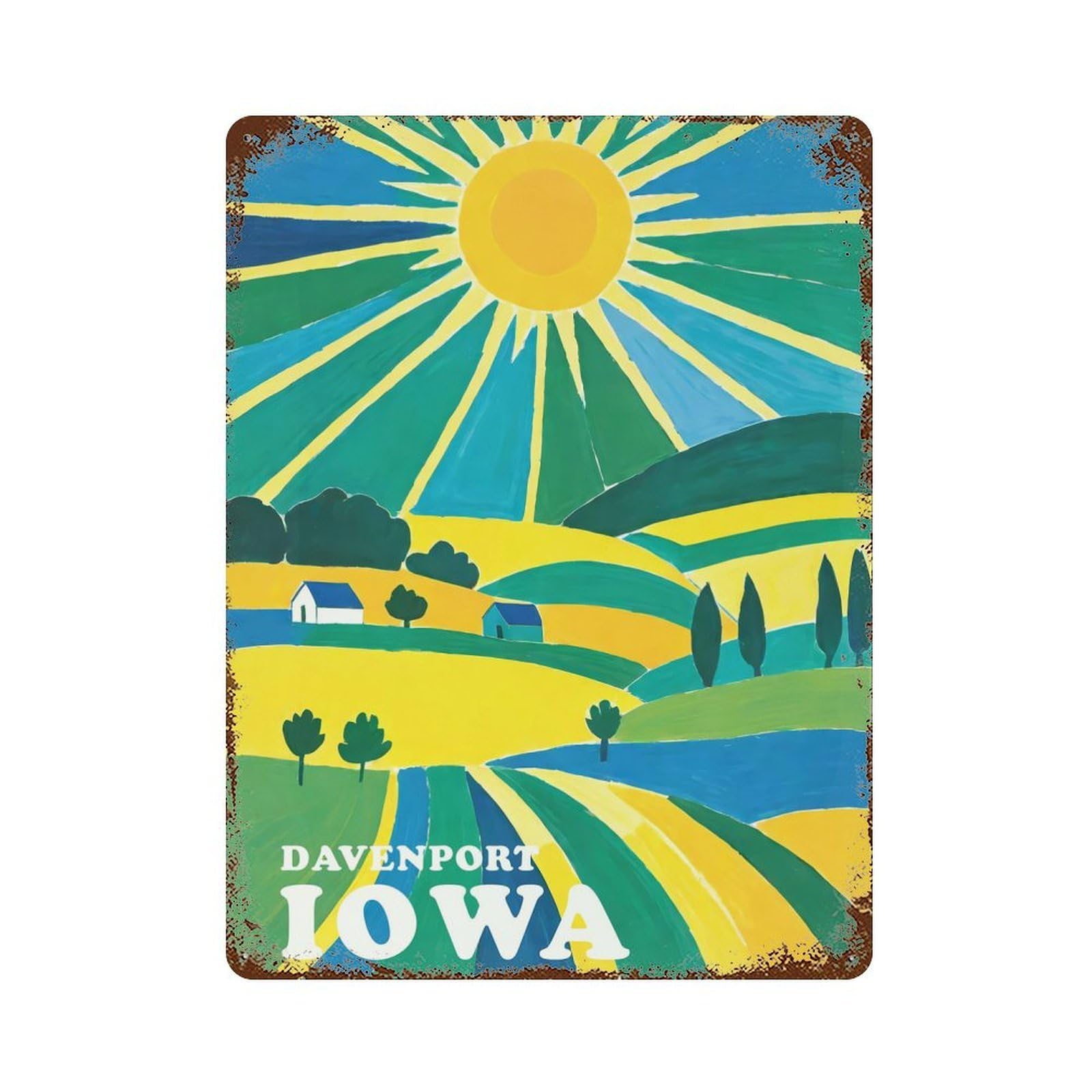 Rustic Tin Plaque Davenport Iowa Sunset 15.7"x11.8", Vintage Wall Decor for Pub, Kitchen And Man Cave Decor