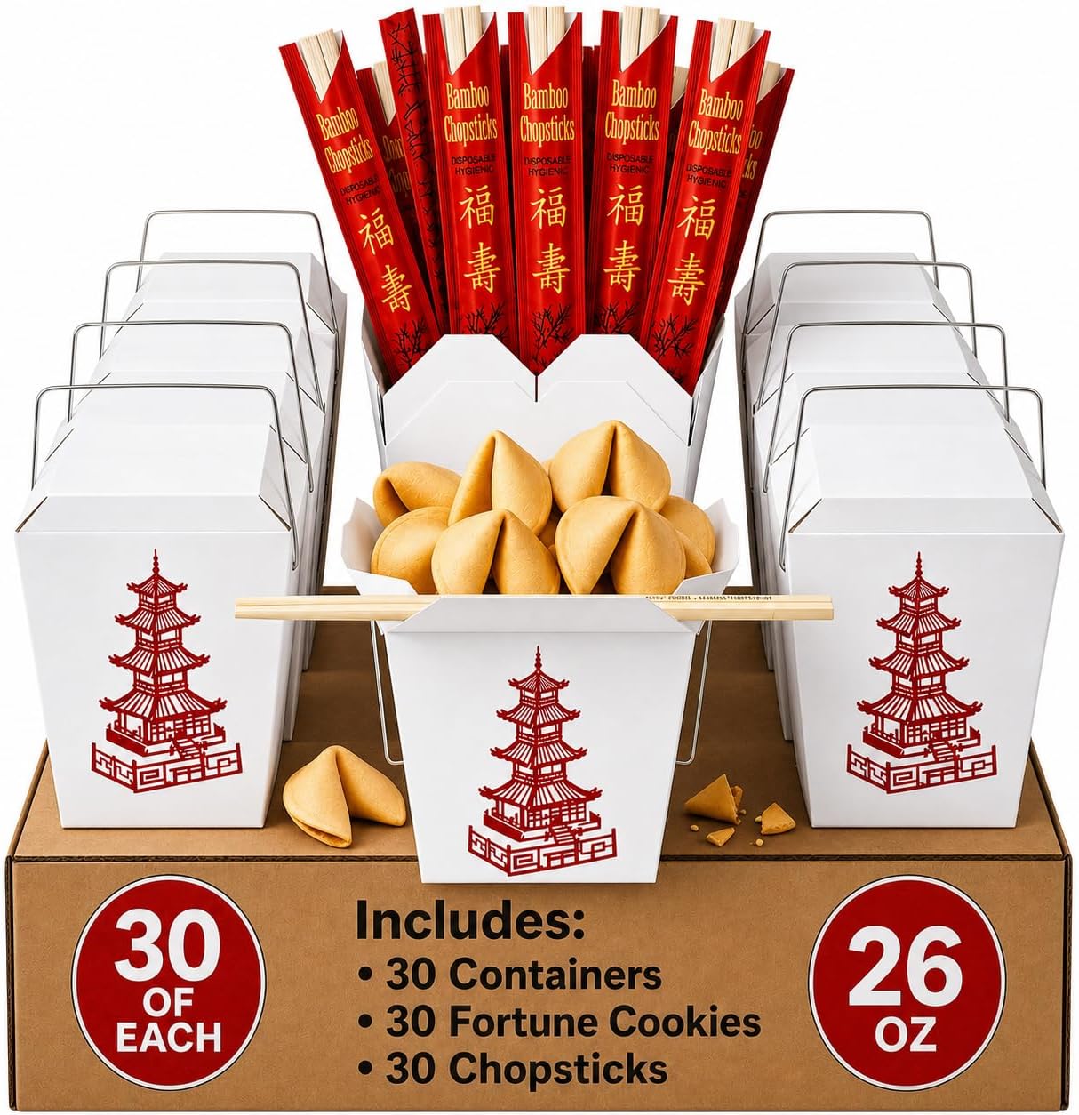 26 Oz Disposable Chinese Food Containers | 30 Pack | with Bamboo Chopsticks & Fortune Cookies | Choose 10, 20, or 30 Count | Leakproof Oyster Pails for Takeout & Meal Prep