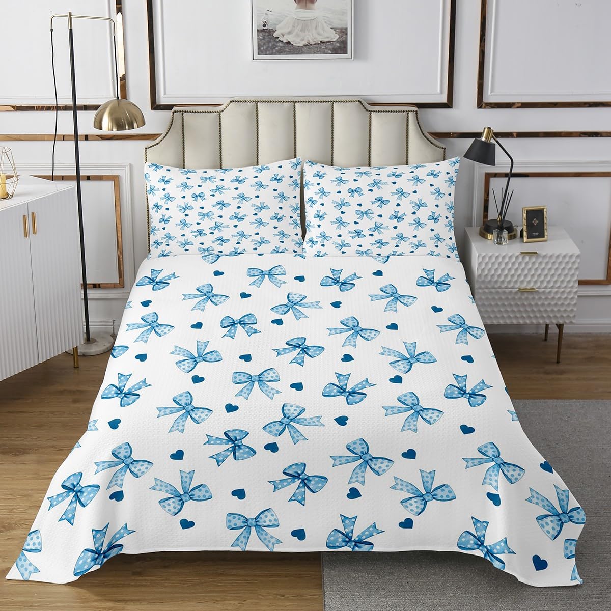 jejeloiu Kids Blue Bowknot Coverlet Set Queen Size, Princess Bow Quilted Coverlet Girls Knot Bedspread Boys Girls Teens Bedroom Decor 3Pcs