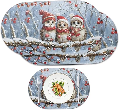 Washable Placemats Set of 6 Winter Owl Round Placemats Xmas Place Mats Washable Placemat Christmas Oval Table Mat for Kitchen Dining Table Holiday