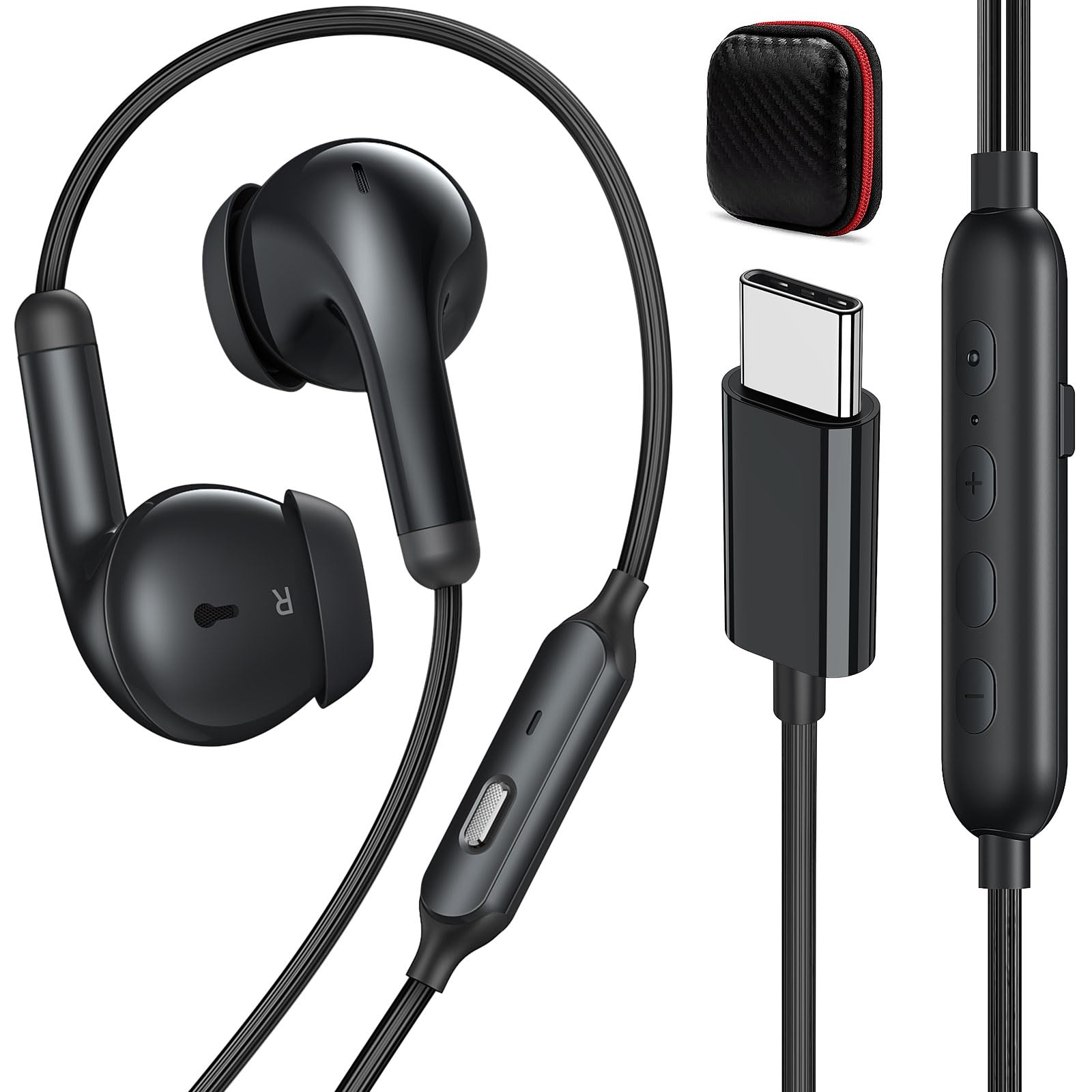 iMangoo 3 EQ Mode USB C Headphones Wired Earbuds with Microphone DAC HiFi Bass Sound Type C Earphones Plug in Ear Buds for iPhone 17 Air 16 Pro Max 15 for Samsung S25 S24 for Google Pixel 10 Black