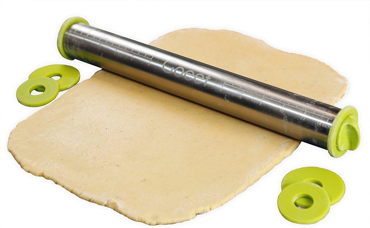 Goeet Stainless Steel Rolling Pin - Professional Baking - 3 Adjustable Discs / 3 Precise Thicknesses - French Style - Non-Stick - Removable Rings