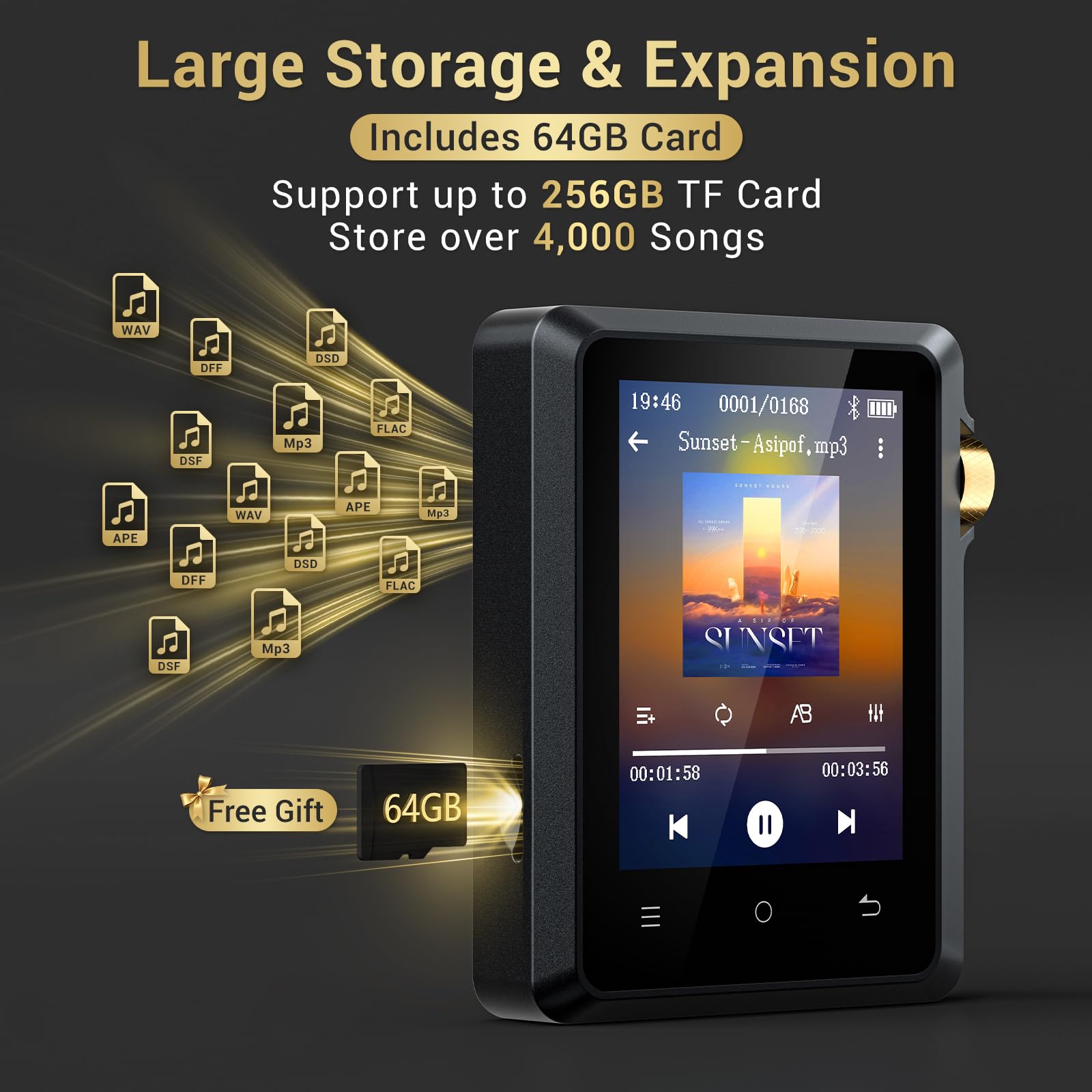 64GB Hi Res Lettore MP3 con Bluetooth 5.3, Lettore Musicale Digitale Ad Alta Risoluzione DSD Senza Perdita di Dati con touchscreen da 2,8"