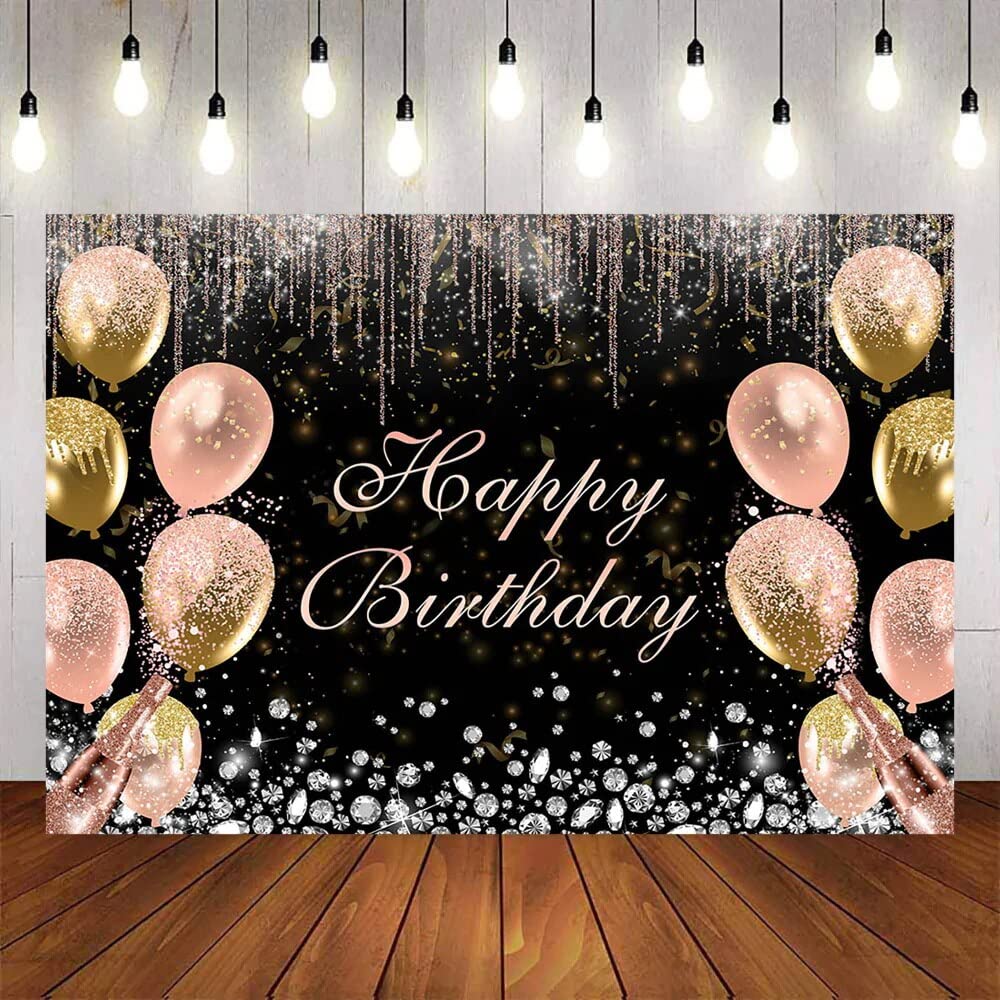 Individuelle Geburtstagsparty-Hintergrund, Roségold, Rosa-Gold, Luftballons und Diamanten, Glitzer-Dekoration, Banner, Poster-Hintergrund