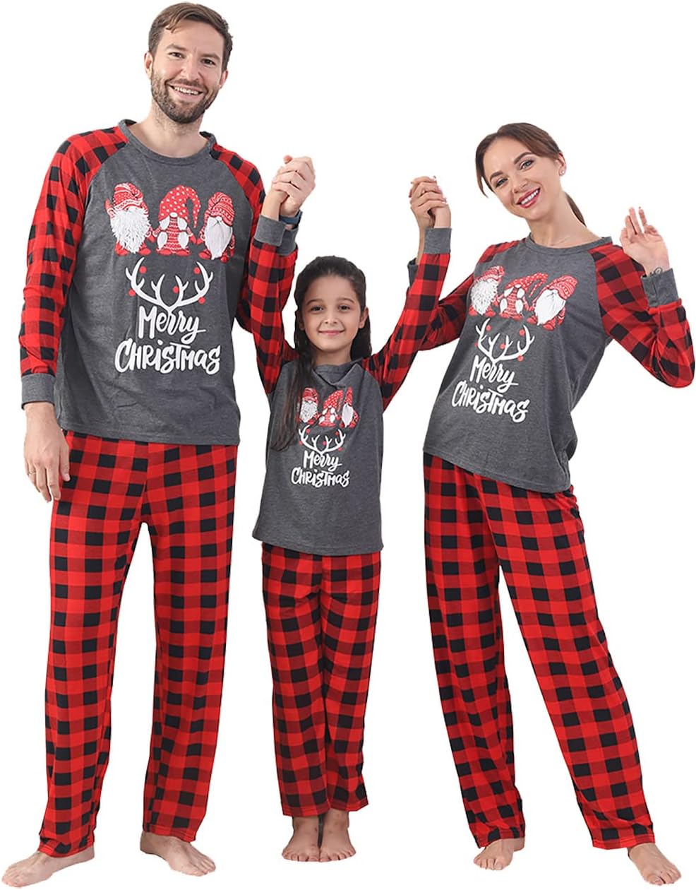 YEAXLUDChristmas Pajamas for Family,Cute Xmas Pjs Matching Sets Holiday Christmas PJ's Santa Print Top and Plaid Pants Jammies Sleepwear for Couples Adults Red