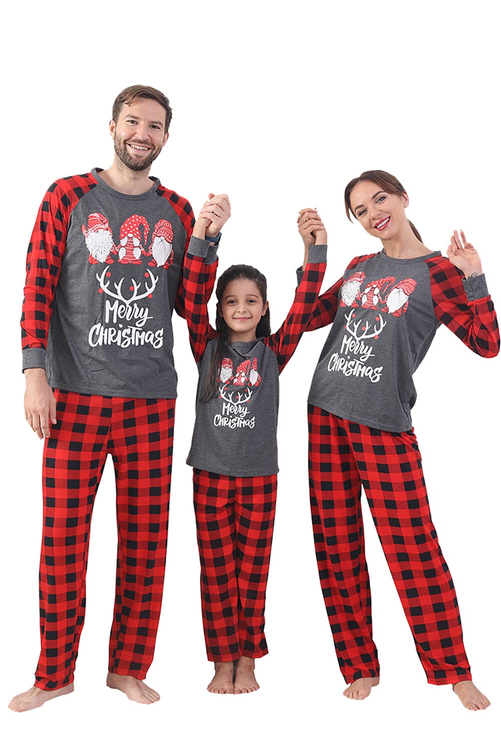 YEAXLUDChristmas Pajamas for Family,Cute Xmas Pjs Matching Sets Holiday Christmas PJ's Santa Print Top and Plaid Pants Jammies Sleepwear for Couples Adults Red