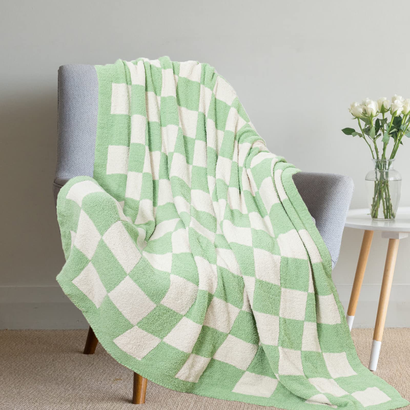 Soft Checkered Throw Blanket Lightweight Microfiber Reversible Bed Blanket Cozy Pattern Throws for Couch Sofa Chair Camping Travel Shaggy Blankets Decor (Sage Green,50"x60")