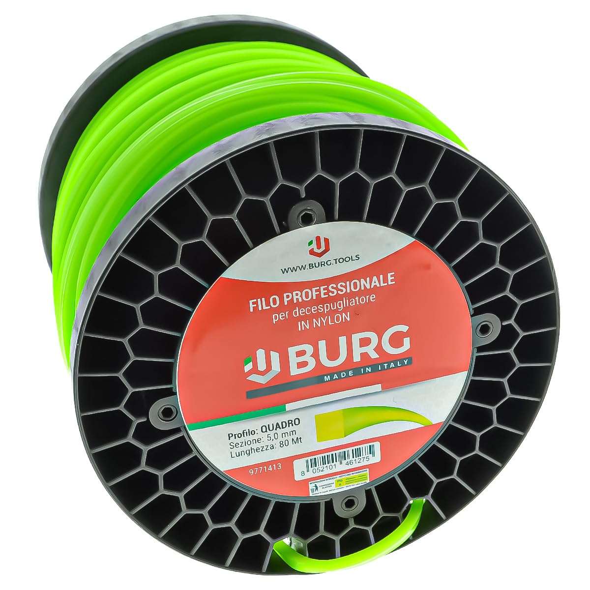 BURG Filo per Decespugliatore Professionale, Sezione Quadrata, 5,0 mm x 80 m, Verde Fluorescente