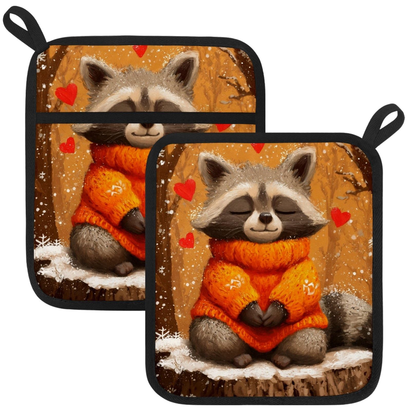 VAPOKF Raccoon Heat Resistant Pot Holders, Thick Pot Holders Pad with Hanging Loop for Kitchen, Oven Cloth Pads for Kitchen Baking Microwave Oven