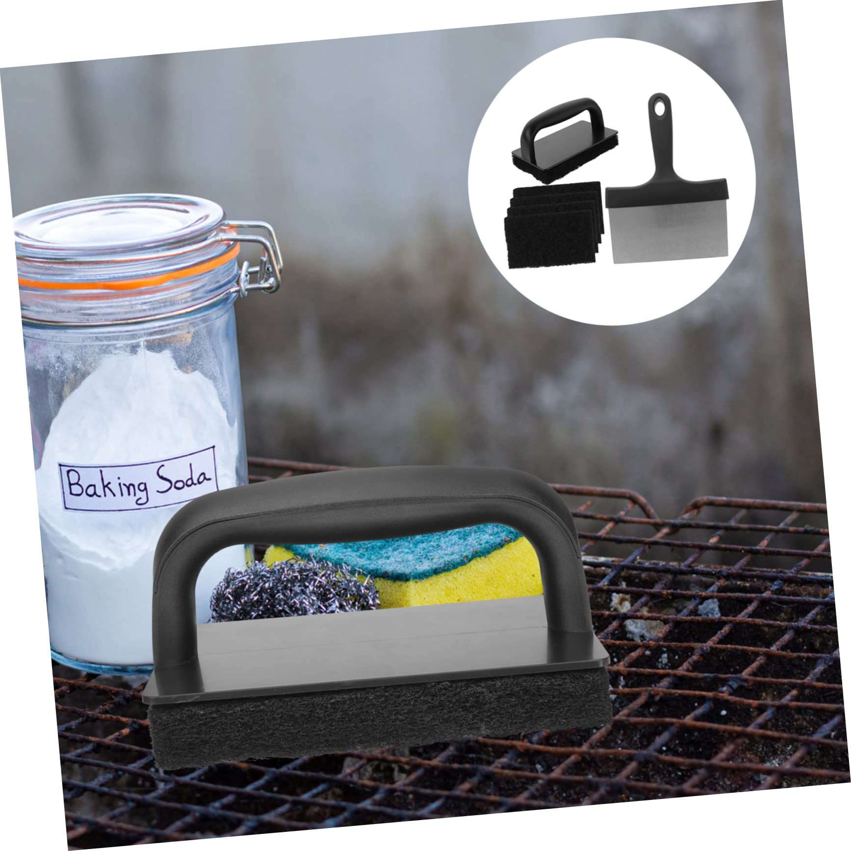 Juego de Raspadores para Parrilla de Barbacoa 1 Set Acero Inoxidable | Cepillos y Esponjas de Pp, Negro, para Rejillas de Grill, Quita Residuos Quemados, Diseño Multiuso