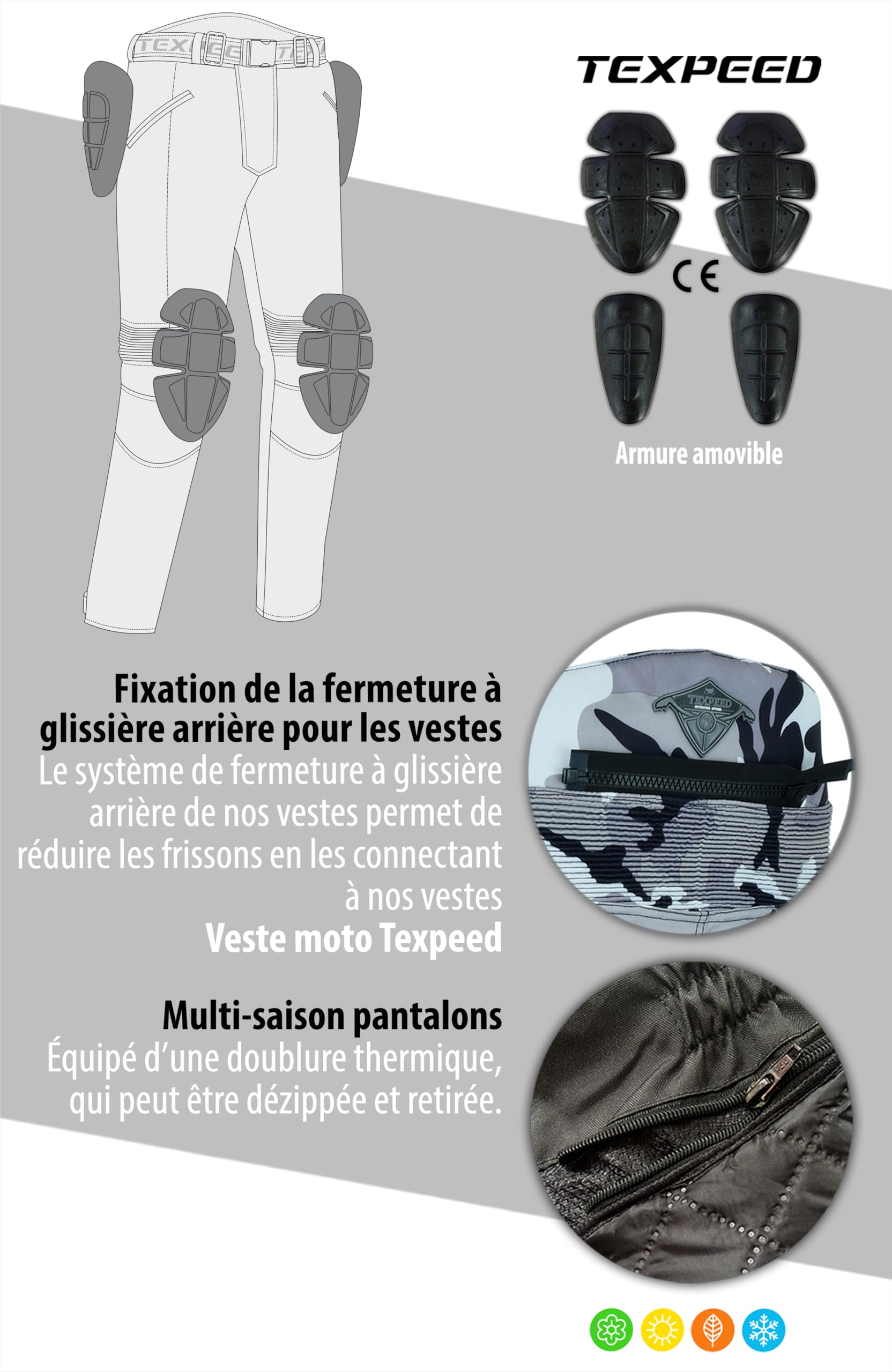 Texpeed Pantalon de moto homme renforcé - Gris Camouflage Imperméable - Avec armure CE blindé protection (EN 1621-1) - L Taille/Jambe Longue