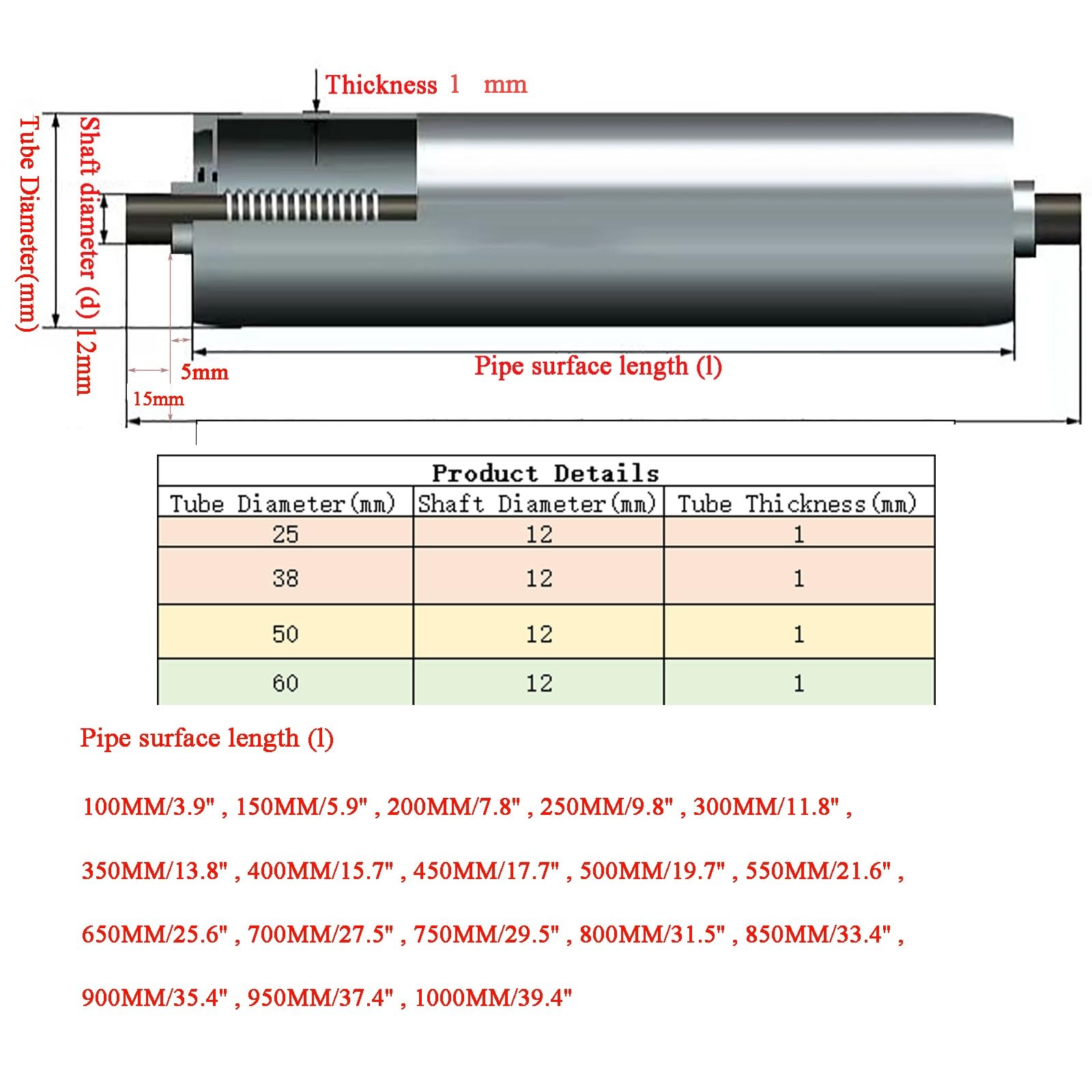 Bezsilne rolki przenośnikowe ze stali ocynkowanej, średnica 25-60 mm, długość 100-1000 mm, opakowanie 5 szt. (D25 mm 300 mm/11,8 cala), idealne do wydajnej obsługi materiałów