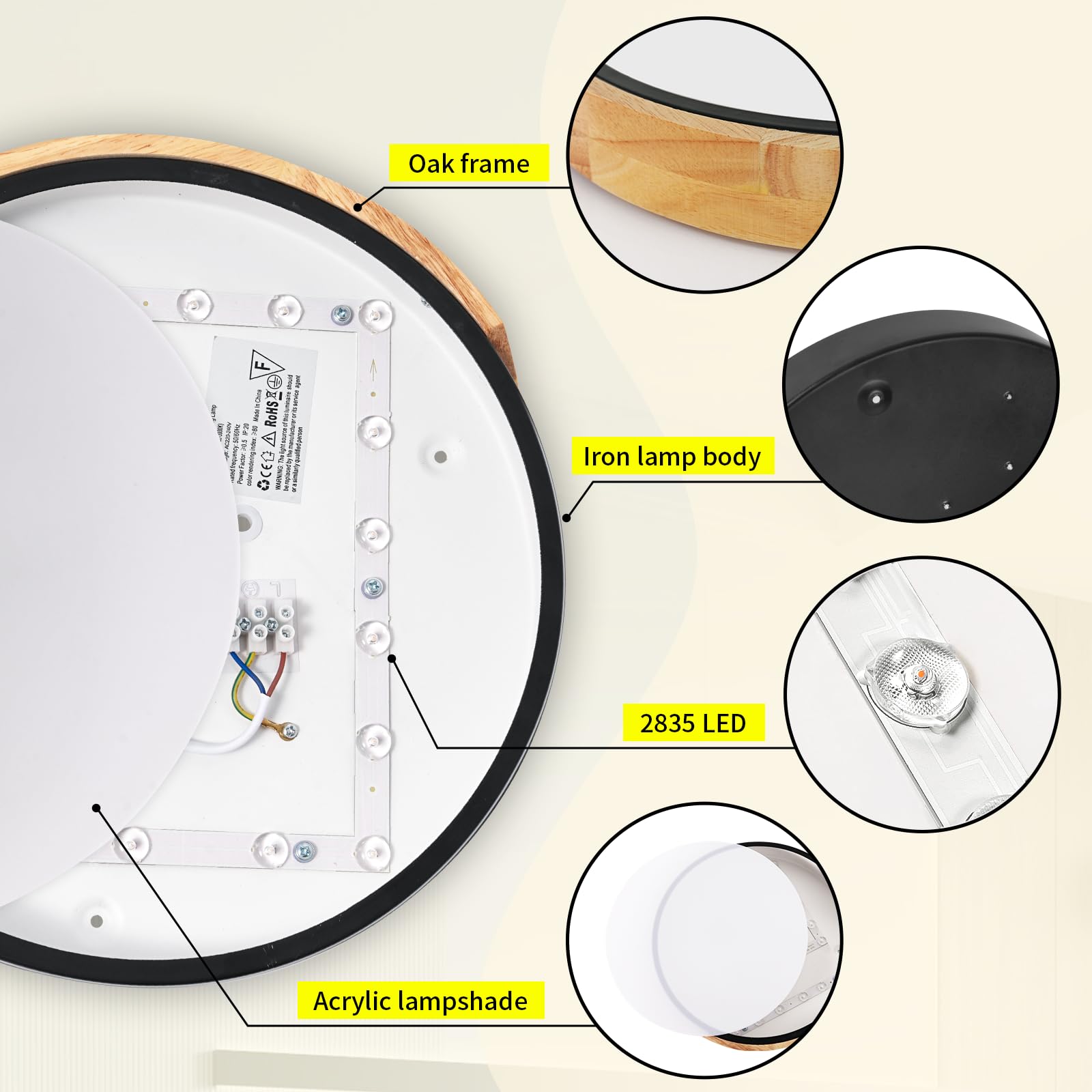 Kambo LED Deckenleuchte 24W ∅30cm, Moderne Deckenlampe Schwarz mit Holzoptik 3000K, für Wohnzimmer, Schlafzimmer, Küche, Flur, Balkon