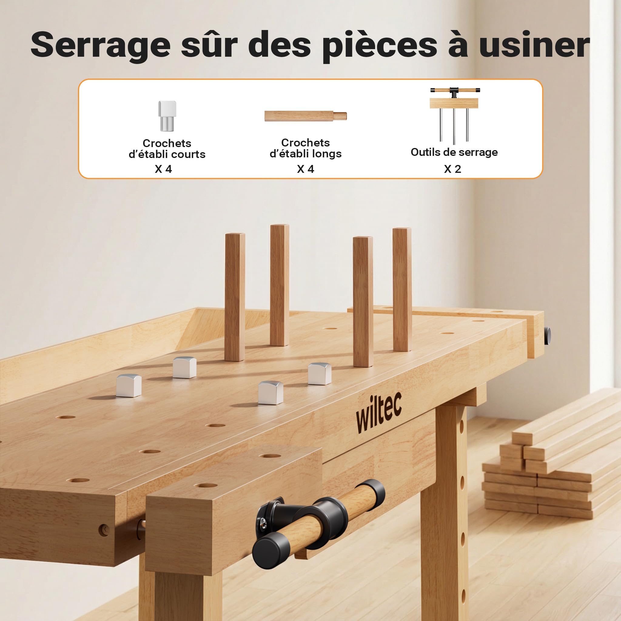 Wiltec Établi de Travail – en Hévéa/Rubberwood – 151 x 61,5 x 86 cm – avec Tiroir, Espace de Rangement, Pince et Crochet d’établi – pour aménagement, cousure – Banc de rabotage