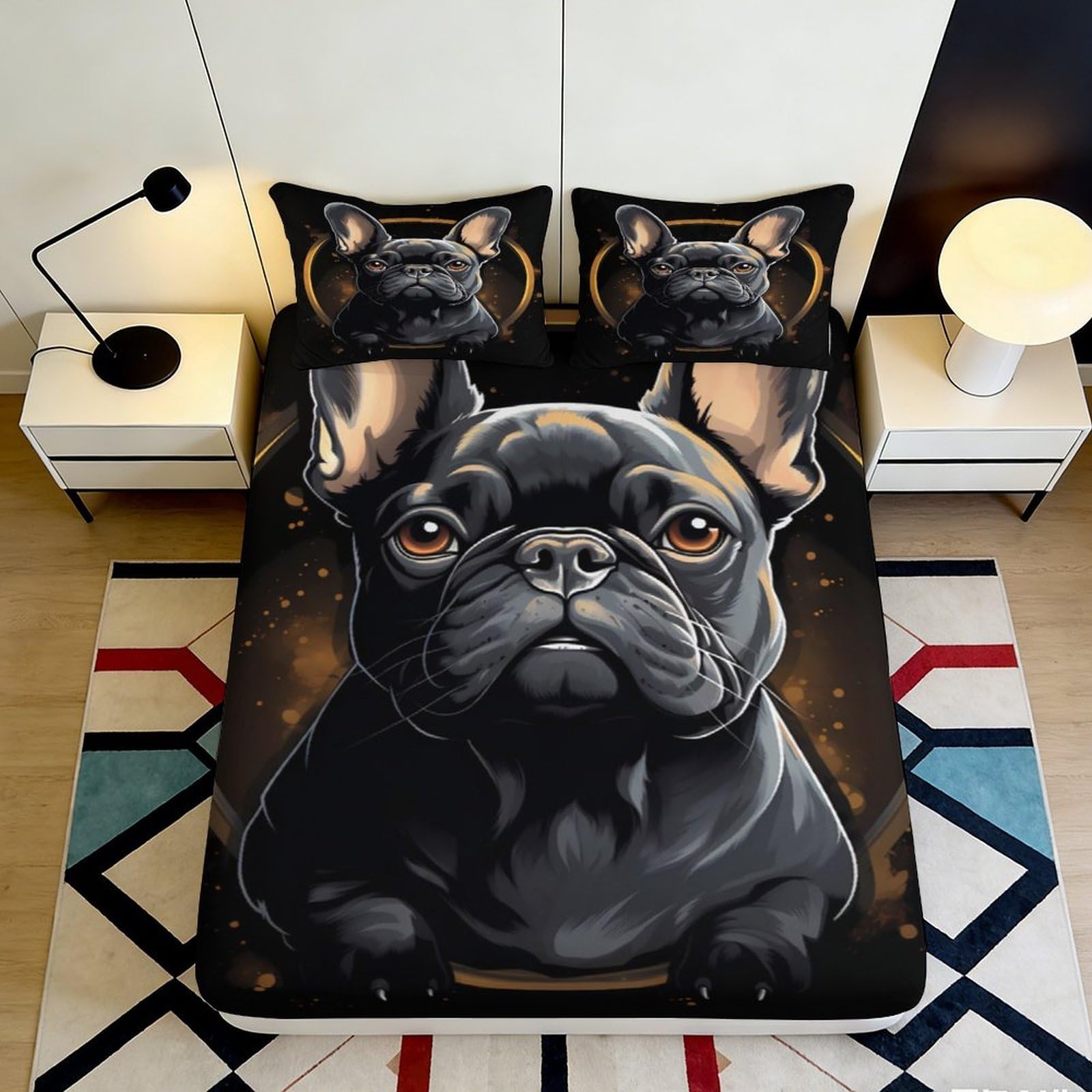 3D Printed Black French Bulldog Fitted Sheet Microfiber Soft Durable 3D Printed Pet Pattern Mattress Cover for Bedroom Dormitory Guest Room 180x200x25cm