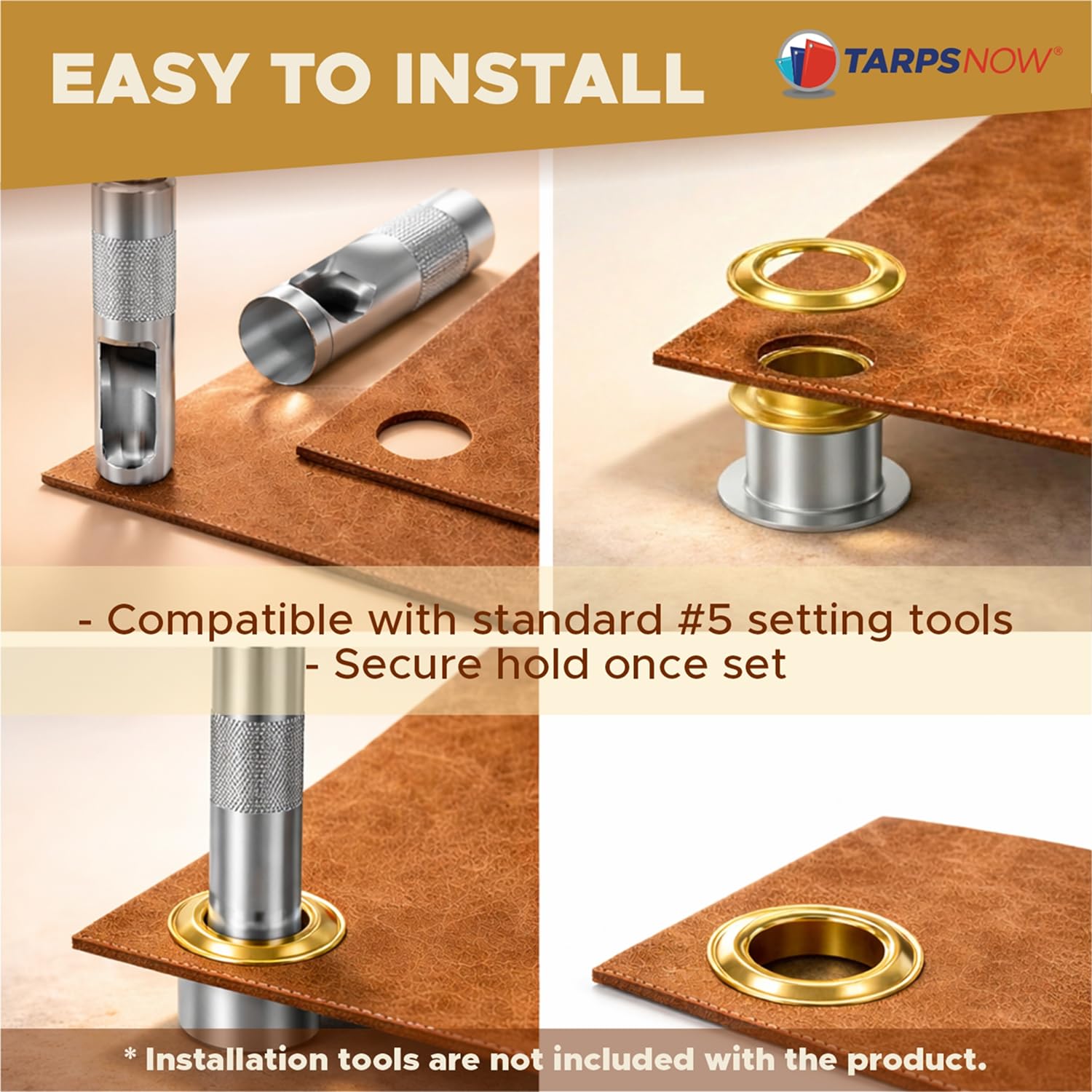Tarps Now Heavy-Duty Grommet #5 (5/8" Hole) with Plain Washers - Rust Proof Brass Grommets for Tarp Repair or Addition and Replacement, (144 Pairs)