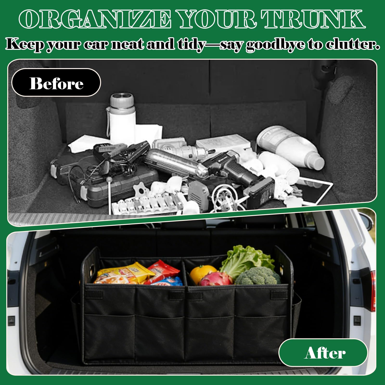 AKOLAFE 2 Stück XL Auto Kofferraum Organizer Faltbar Kofferraumtasche Auto Faltbox 75L Auto Kofferraum Aufbewahrung Oxford Stoff 3 Flexible Fächer mit 9 Taschen für Einkauf Camping Reise Ausflug
