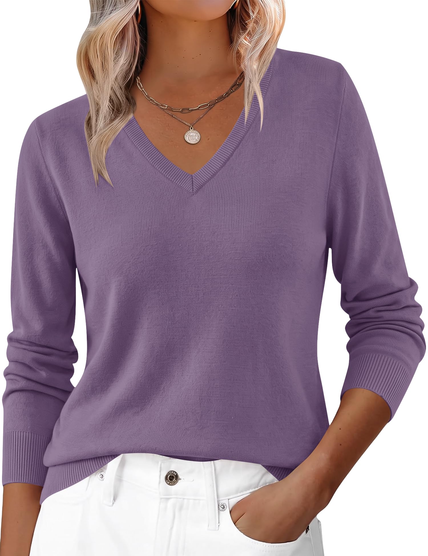Kistore Pullover Damen Langarm V-Ausschnitt Oberteile Wolle Blend Sweater | Klassisch,Warme,Elegant Strickpullover,Leichter Pulli,Unterwäsche,Langarm Herbst/Winter Strickoberteil für Alltag
