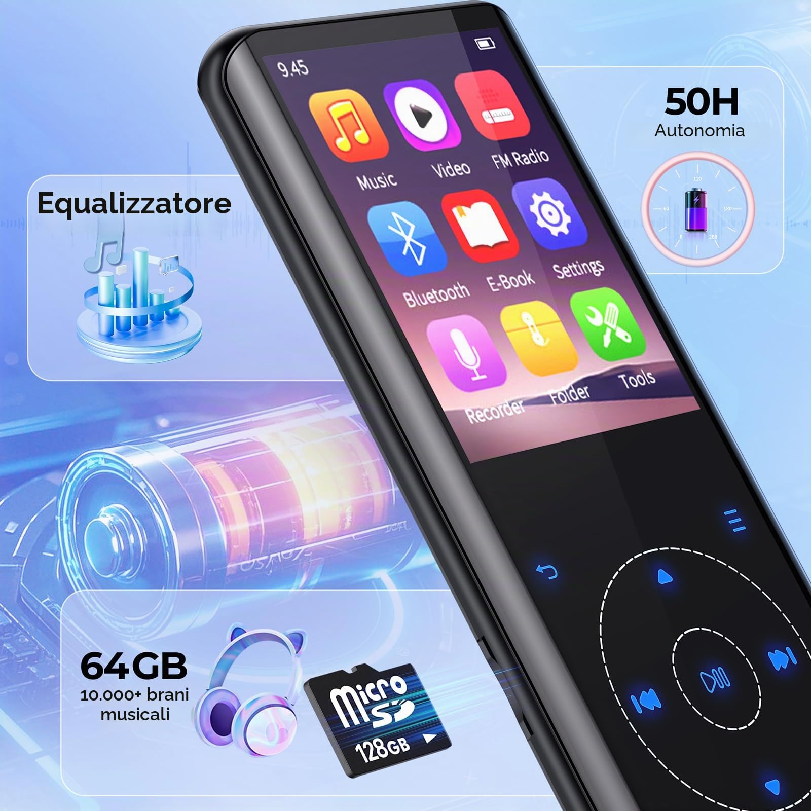 64GB Lettore MP3 Bluetooth, HiFi Music Lossless Sound, custodia in metallo con altoparlante HD incorporato, pulsante a sfioramento, registratore vocale per sport, espandibile fino a 128GB (64G)