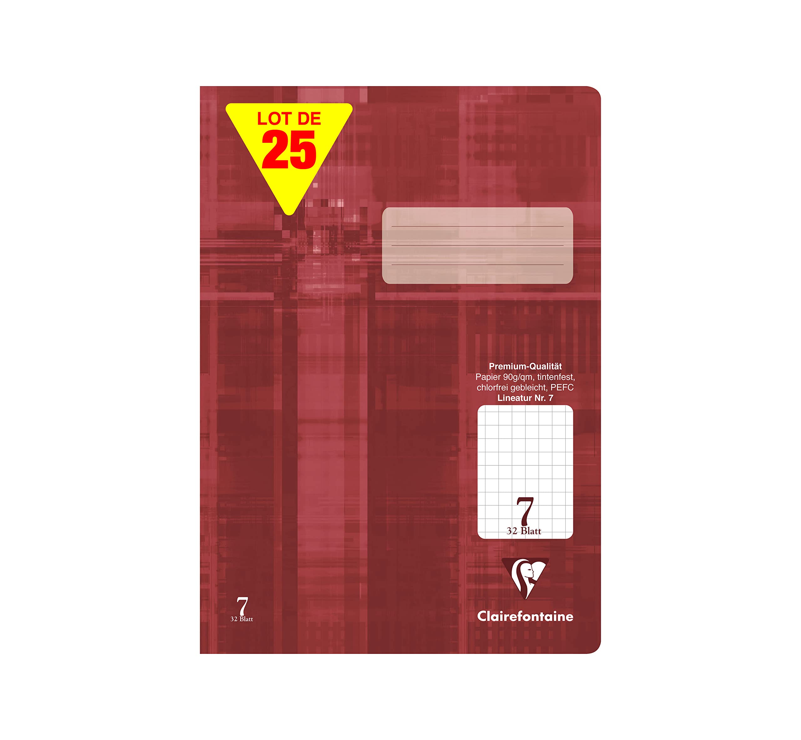 Clairefontaine 331607C - Lot 25 Cahiers A4 64p Réglure 7 PC 7x7mm Bordeaux