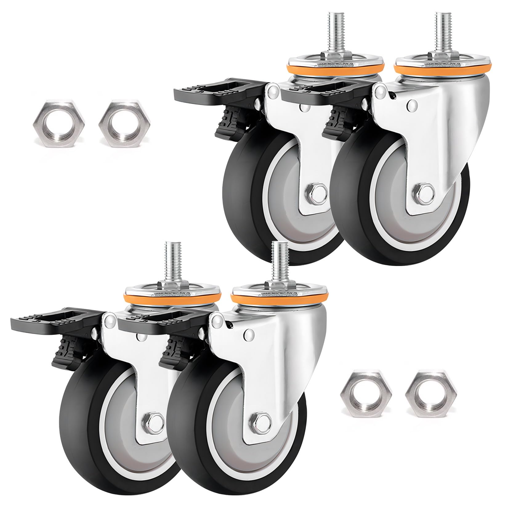 GYRAZXS Set of 4 Swivel TPR Rubber Casters with Brake 6m 75mm 100mm 125mm M10 M12 Thread Stem 360° Rotating Replacement Wheels for Trolleys Furniture & Workbenches