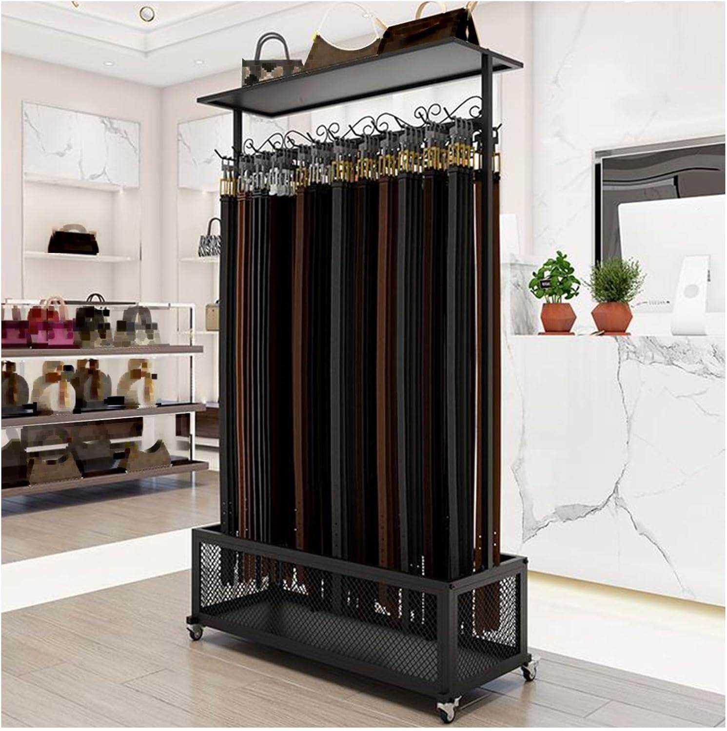 Belt Hanger Double Sided Jewelry Display Stand, Metal Men Closet Belt Storage Organizer, Ties Scarf Rack Shawls Purse Shelf for Clothing Retail, Heavy Duty Accessories Rack Metal Storage HOL