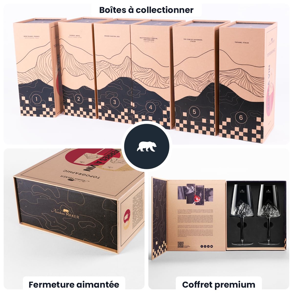 Alaskan MAKER Weingläser Set mit 2 Gläsern 400 ml – hochwertiges Borosilikatglas mundgeblasen mit 3D-Relief-Berg am Boden | Hartschalenkoffer Premium Magnetkarton | TOPOGRAPHIC