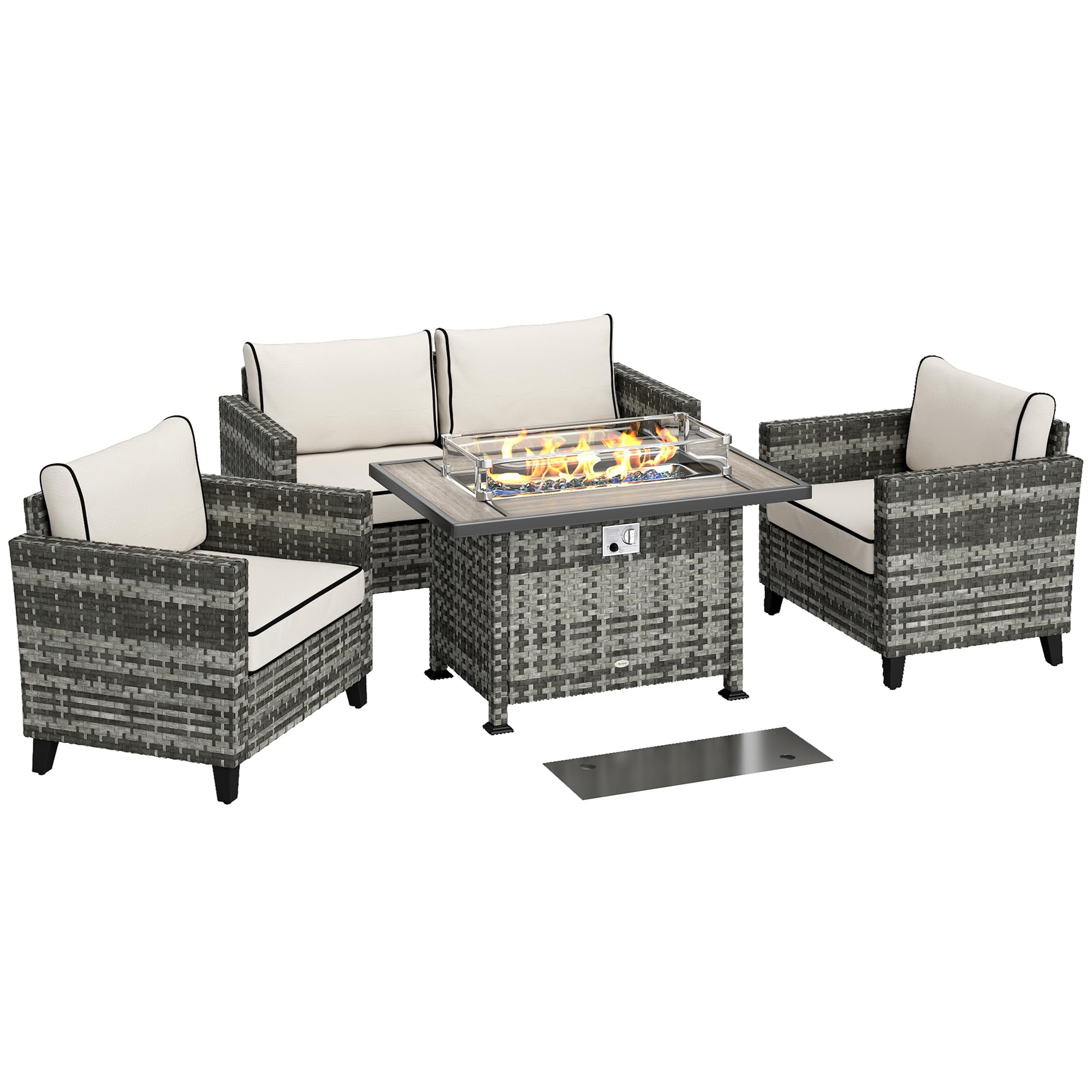 Outsunny 5 Pcs Rattan Garden Furniture Set With Fire Pit Table, Grey