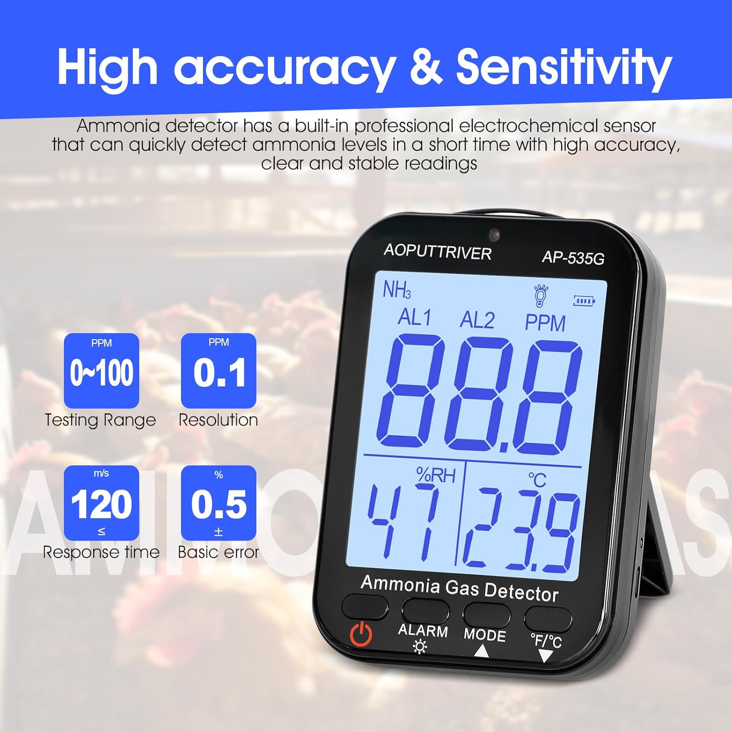 Portable Ammonia Gas Detector,0~100 PPM Rechargeable NH3 Gas Meter for Farms, Poultry, Swine| LCD Backlight with Temperature (°F/°C) and Humidity Display