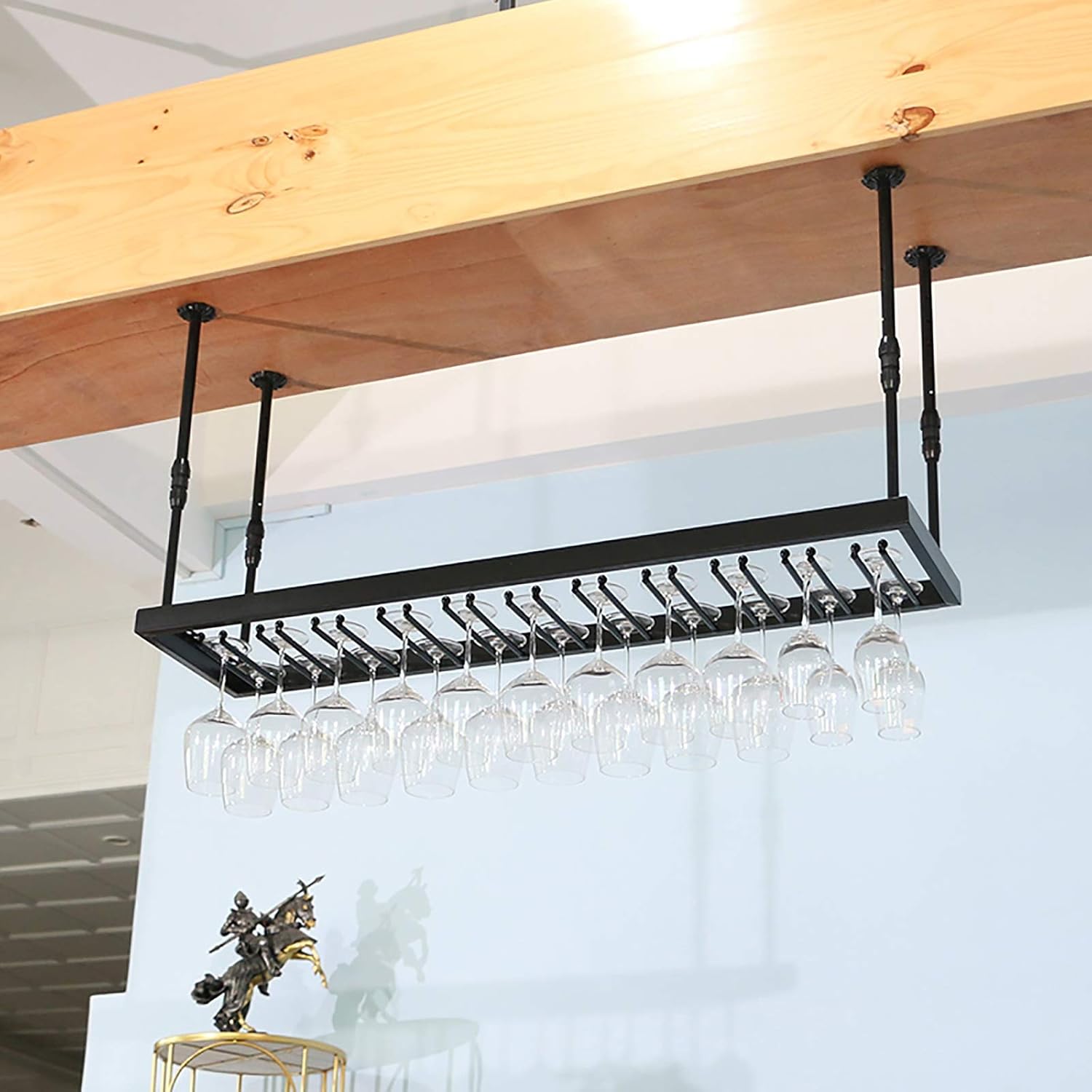 Hanging Wine Glass Holder Industrial Iron Wine Glass Holder Ceiling Stemware Rack,Hanging Wine Glass Shelf,Vintage Wine Glass Storage Rack,Stemware Holder,Adjustable Height,Length