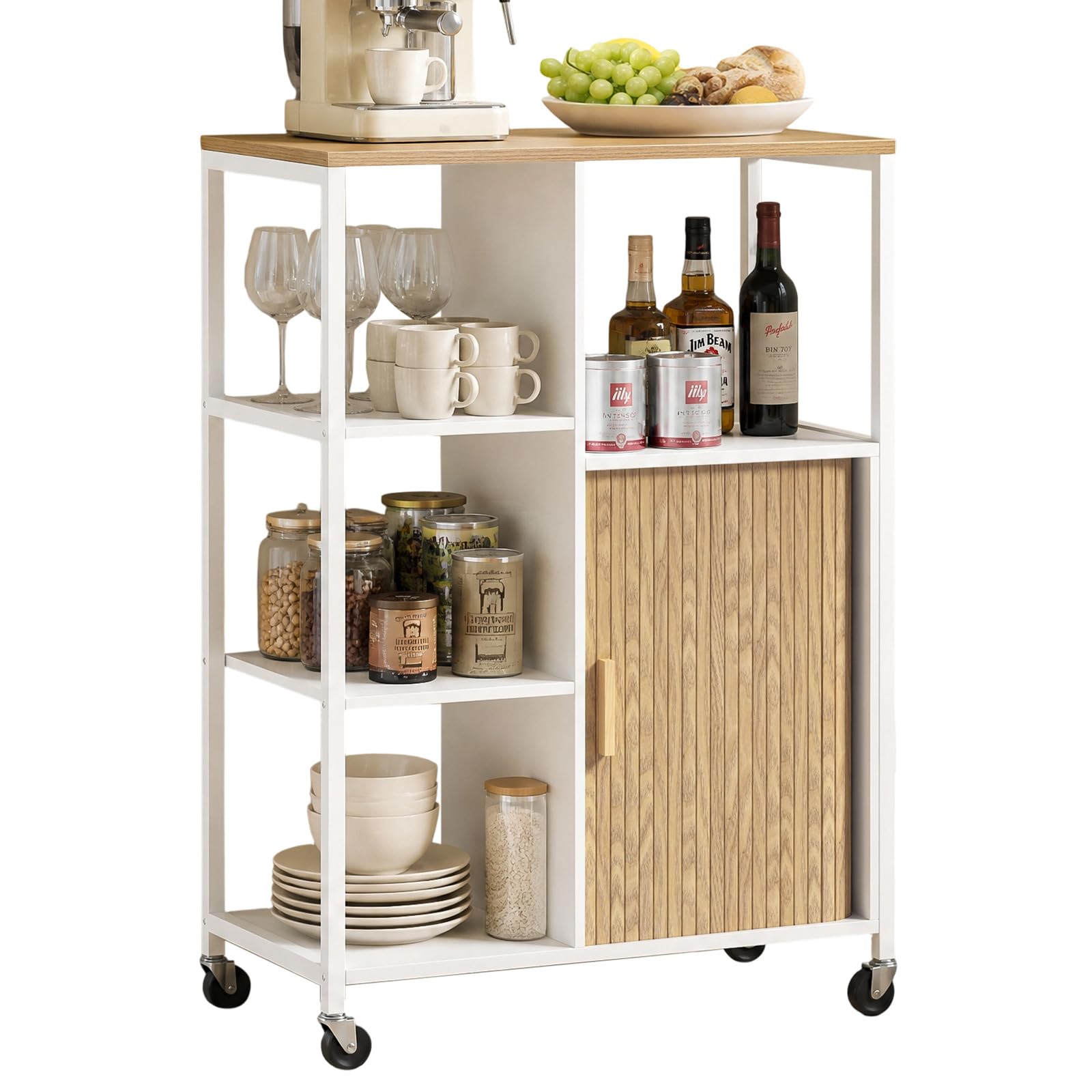Küchenwagen mit Rollen, mobiler Servierwagen mit Stauraum und Rolltüren, Kücheninsel mit Arbeitsplatte, Rollwagen für Küche, Wohnzimmer & Esszimmer, 37 x 67 x 95cm