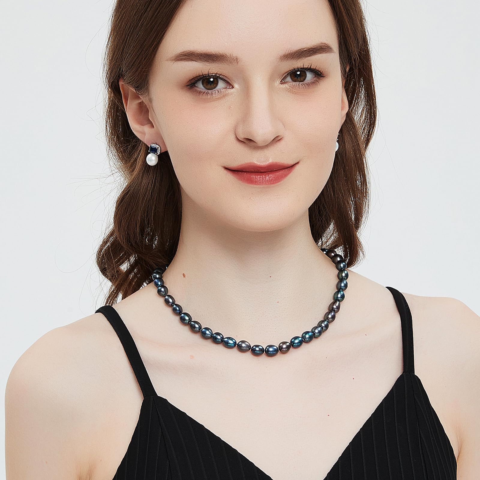 YAMI Collar de perlas negras, perlas cultivadas, plata de ley 925 y chapado en oro blanco, cadena ajustable de 45 cm+5 cm, regalo de joyería para mujeres